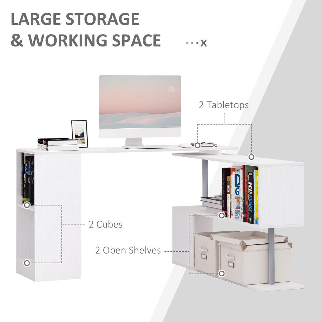 55" 360° Rotating Corner Computer Desk Modern L-Shaped Home Office Workstation with 3-Tier Storage Shelves, Bookshelf, White