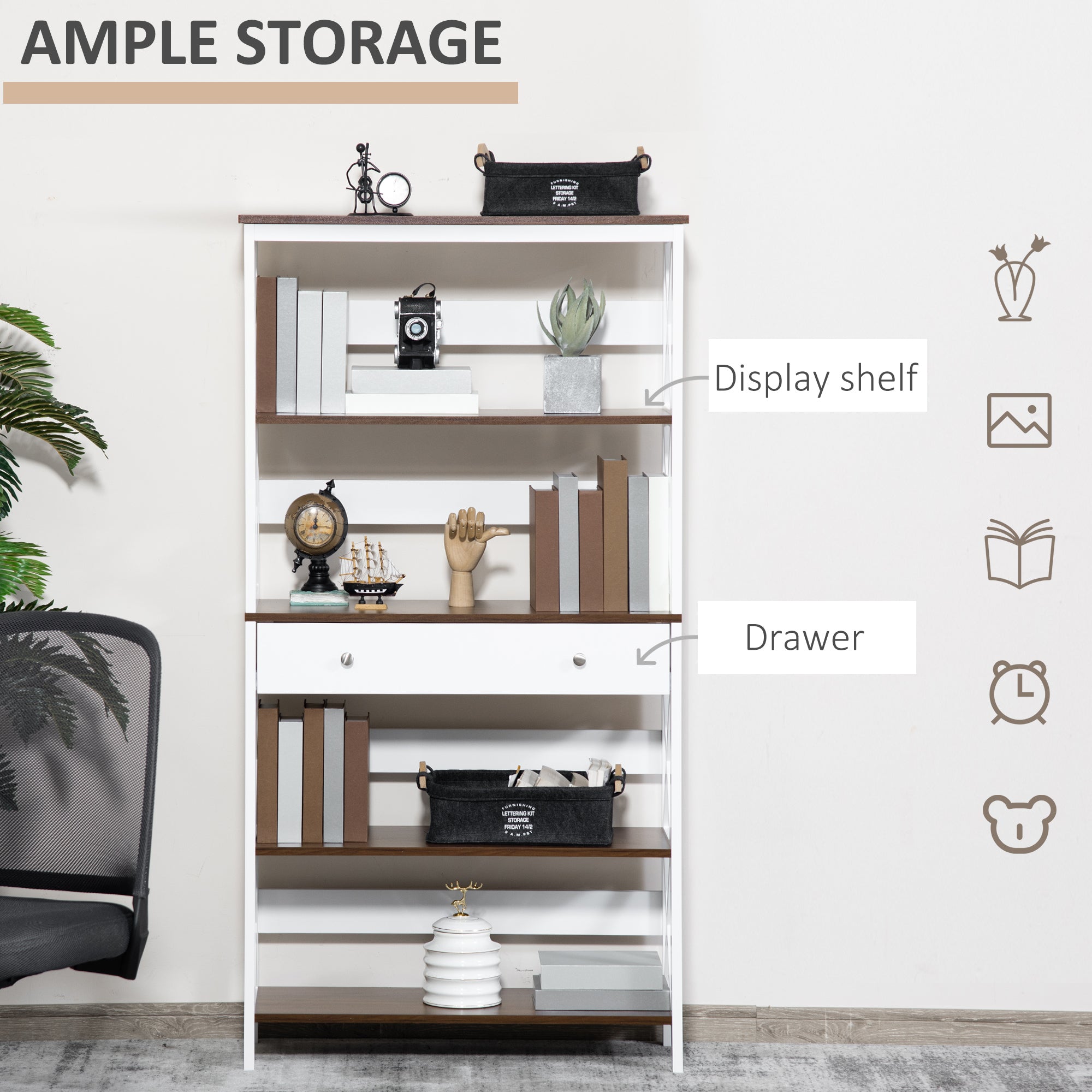 4-Tier Shelving Bookcase Storage Cupboard with Pull Out Drawer, and Wooden Frame with X Bar Stability, White