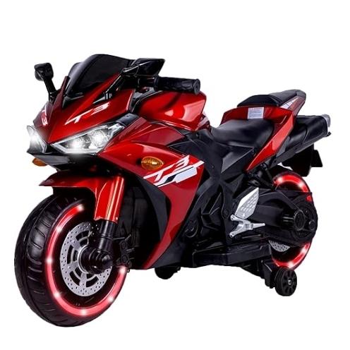 12V Ride-On Motorcycle for Ages 3-8 with Training Wheels and Headlight, Motorbike with MP3 and Light-Up Wheels, 46" L x 20" W x 26" H, Red