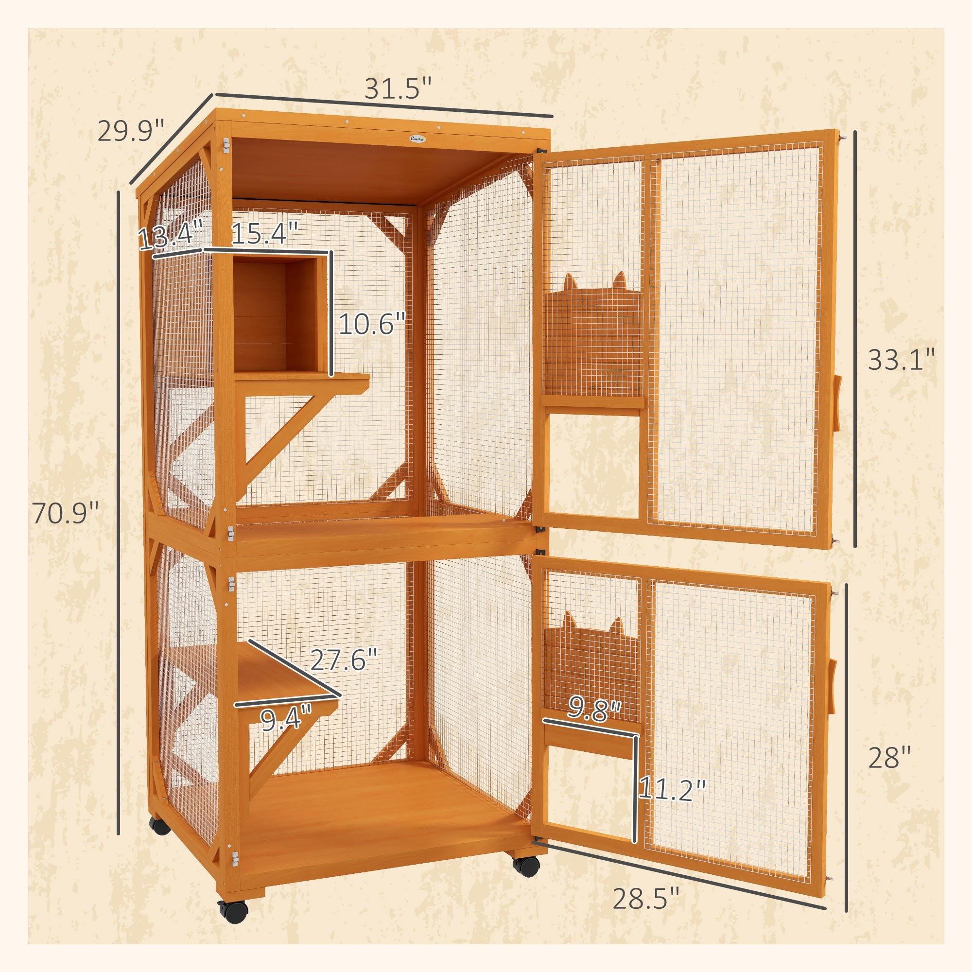 Large Cat House for 1-3 Cats on Wheels Wooden Catio Enclosure Orange