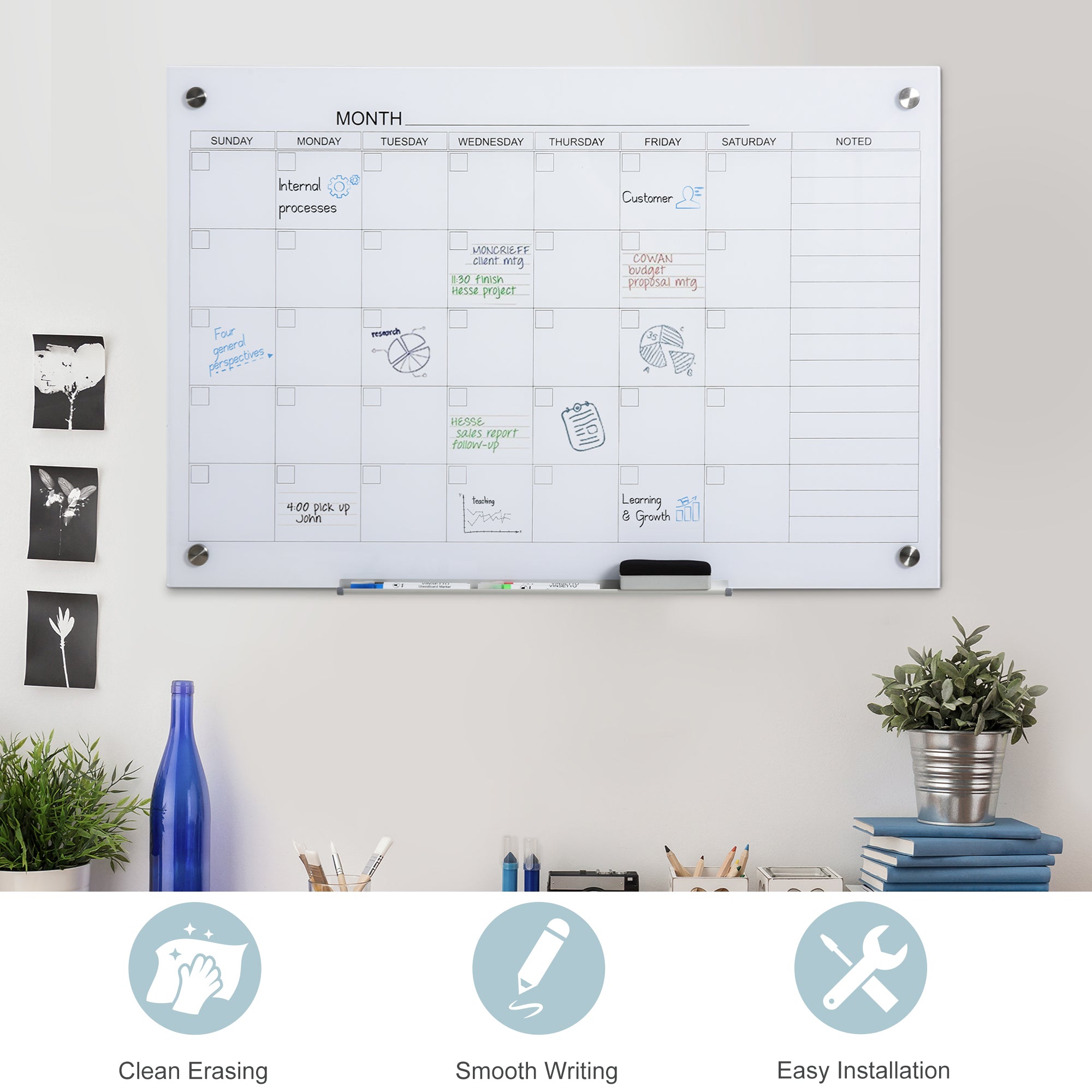 35"x23" Dry Erase Wall Calendar Glass Whiteboard Monthly Planner for Homeschool Supplies & Home Office Organization with 4 Markers and 1 Eraser,Frameless