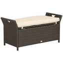 29 Gallon Patio Wicker Storage Bench, Outdoor PE Rattan Furniture, 2-In-1 Large Capacity Rectangle Garden Storage Box with Handles and Cushion, Cream White