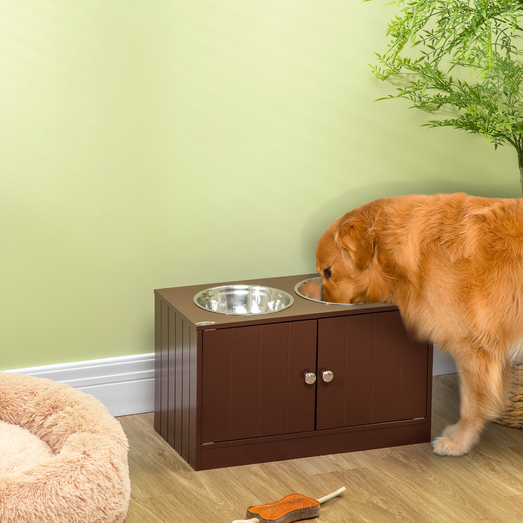 Elevated Dog Bowls with Storage Cabinet, Raised Dog Bowl Stand Pet Food Bowl Dog Feeding Station, Brown