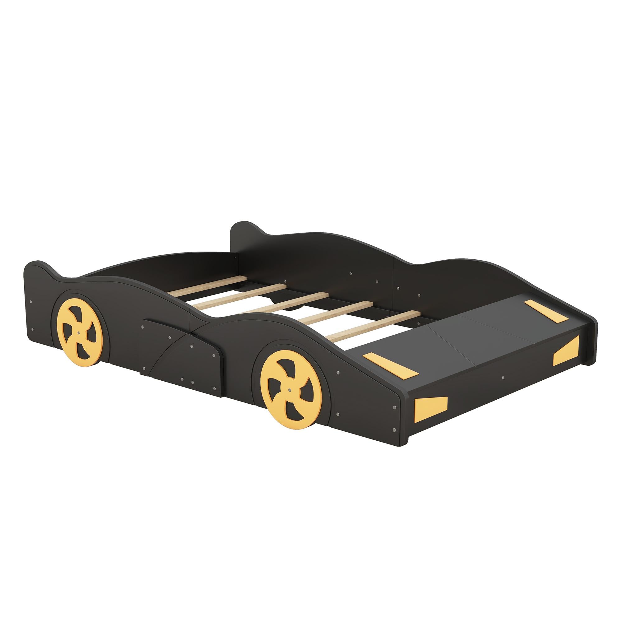 Full Size Race Car-Shaped Platform Bed with Wheels and Storage, Solid Wood and MDF, 90.5" L x 55" W x 15.5" H, Black