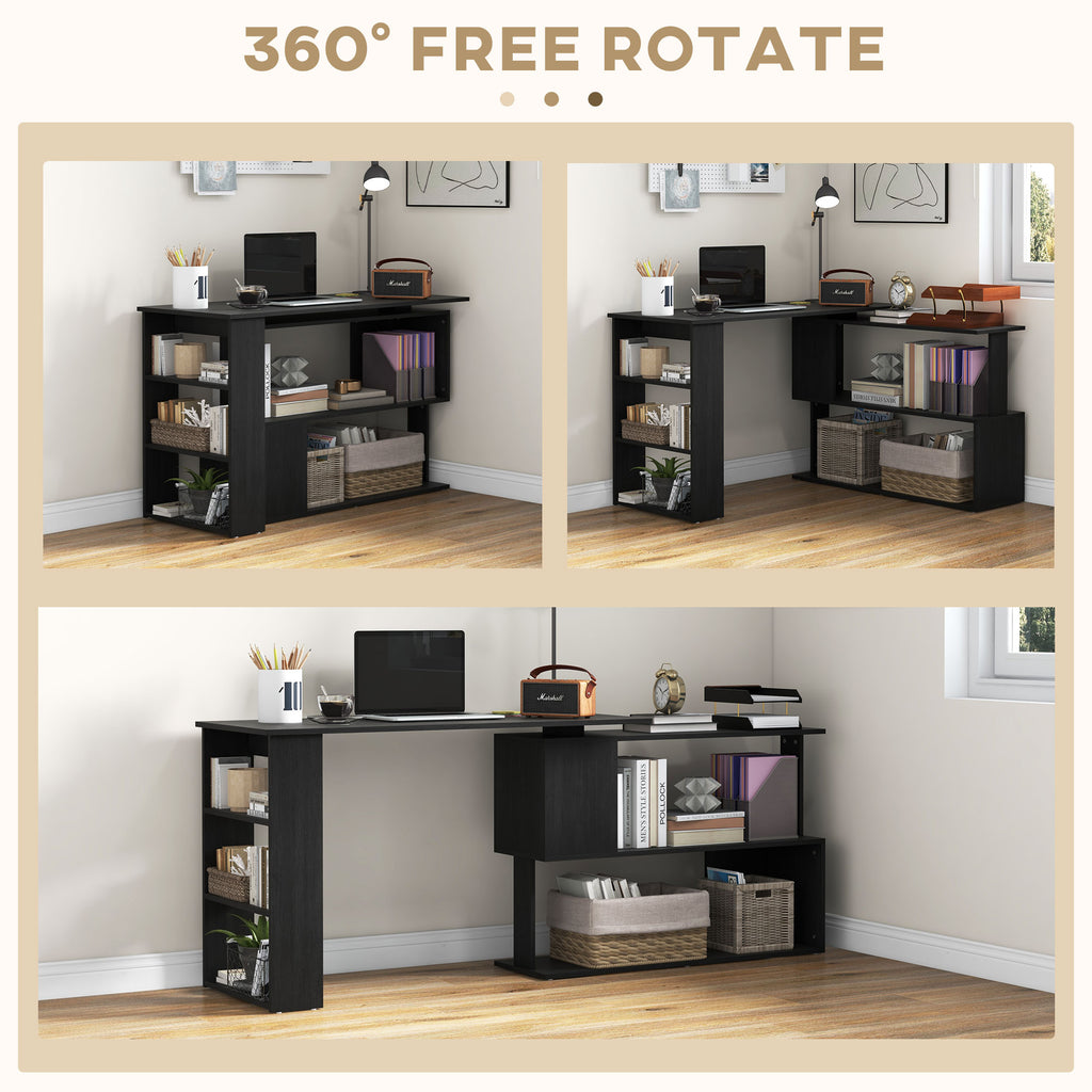 L Shaped Desk, Corner Computer Desk, 360 Degree Rotating Home Office Desk with Storage Shelves, Writing Table Workstation, Black
