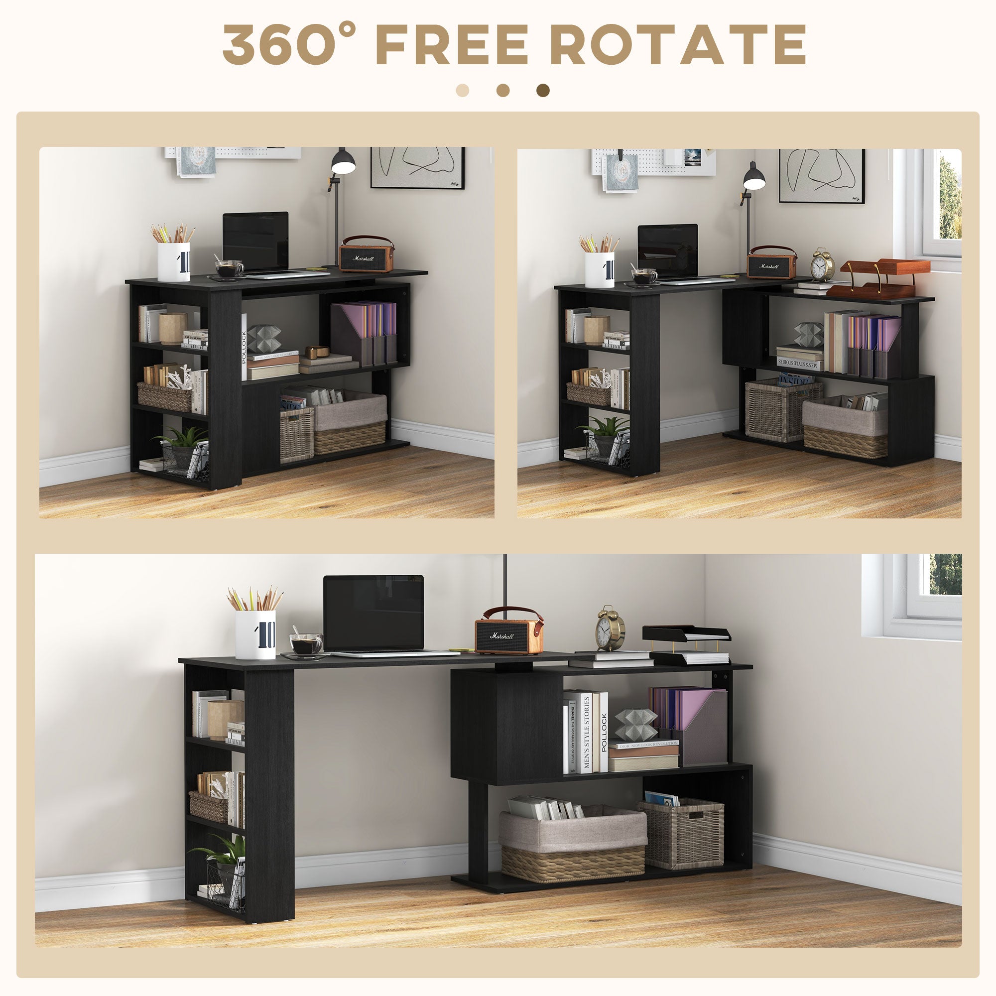 L Shaped Desk, Corner Computer Desk, 360 Degree Rotating Home Office Desk with Storage Shelves, Writing Table Workstation, Black