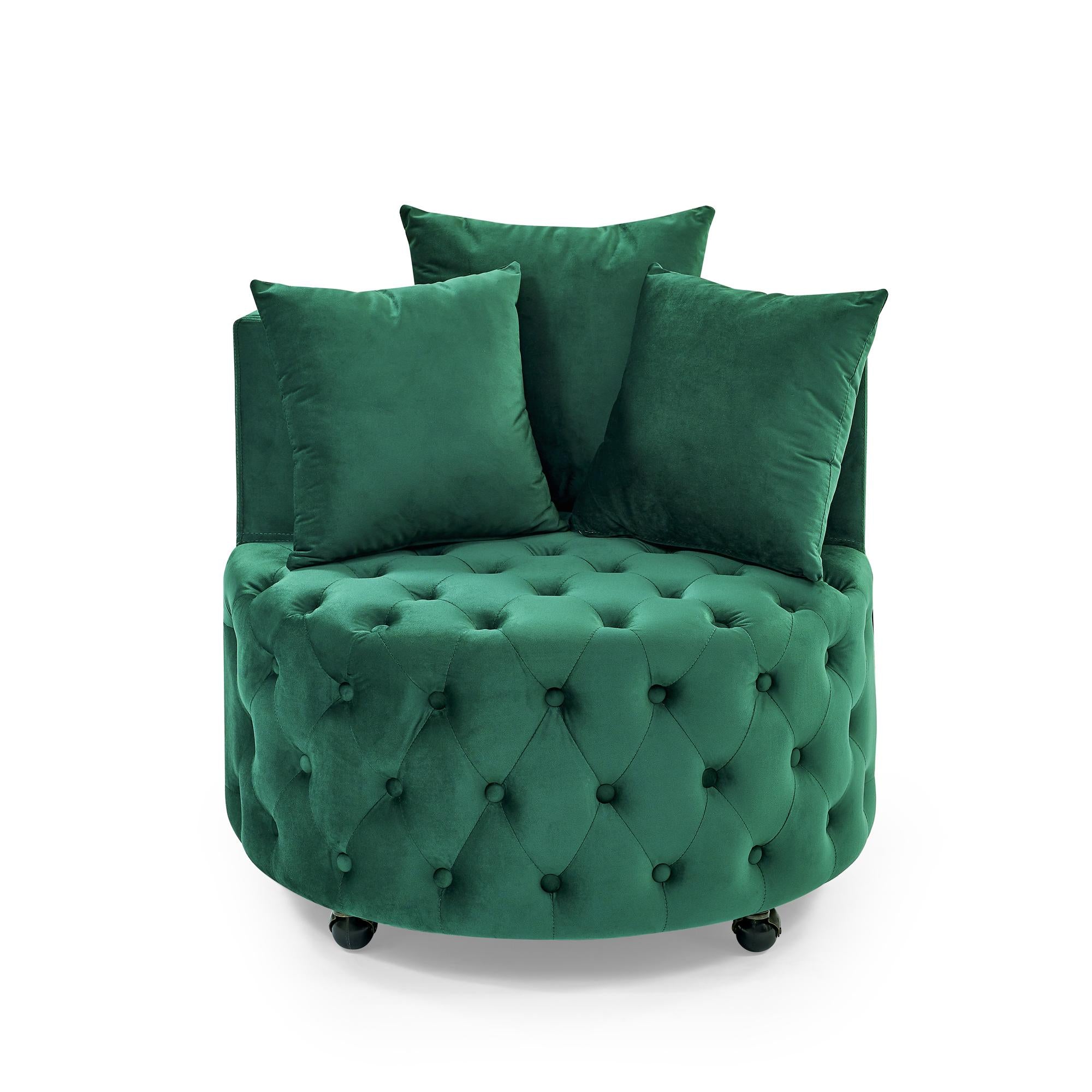 Velvet Upholstered Swivel Chair with Button-Tufted Back, Multi-Density Foam Cushion, Seat with 3 Accent Pillows, 30" L x 30" W x 26" H, Green