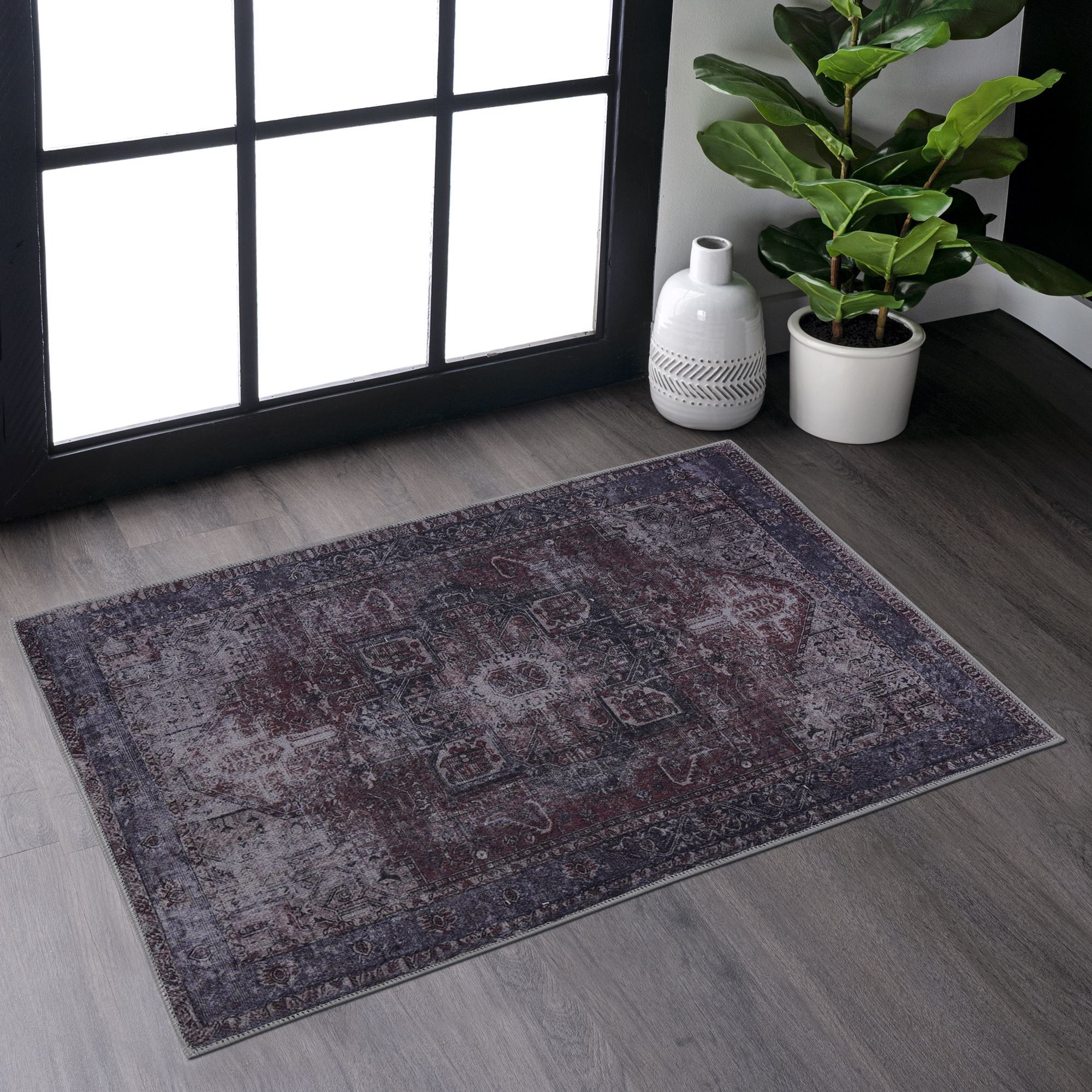 2x3 Low-Pile Non-Slip Non-Shedding Machine Washable Area Rug, Kid and Pet Friendly, Foldable Doormat for Bedroom, Bathroom, Burgundy