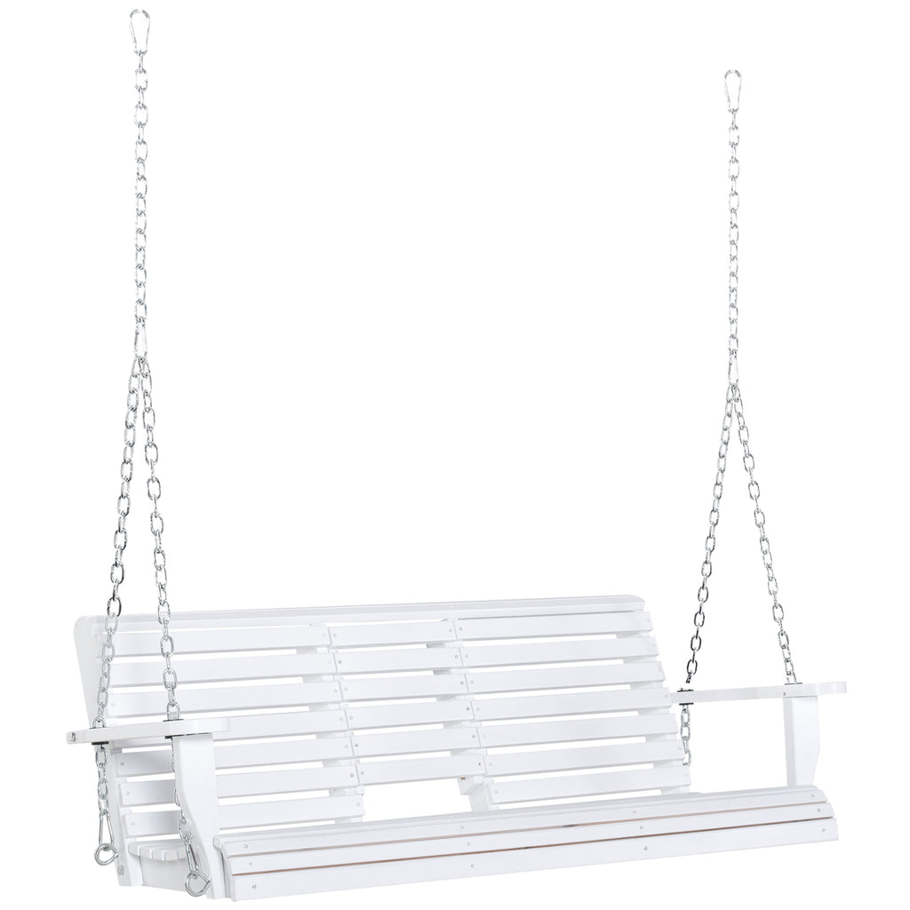 3-Seater Wooden Porch Swing, Patio Swing Bench with Folding Coffee Table, Cup Holders and Chains Included, 440lbs Weight Capacity, White