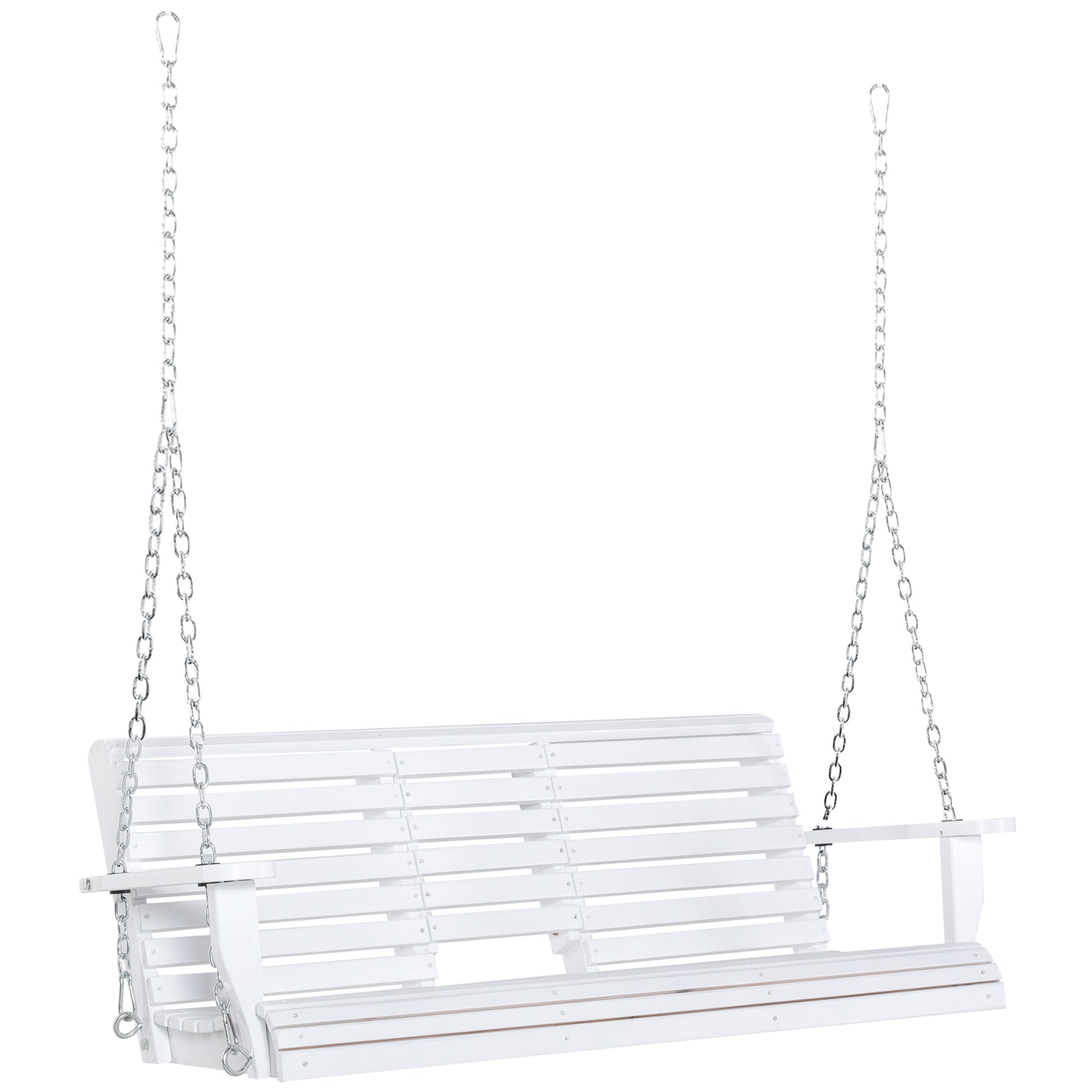 3-Seater Wooden Porch Swing, Patio Swing Bench with Folding Coffee Table, Cup Holders and Chains Included, 440lbs Weight Capacity, White