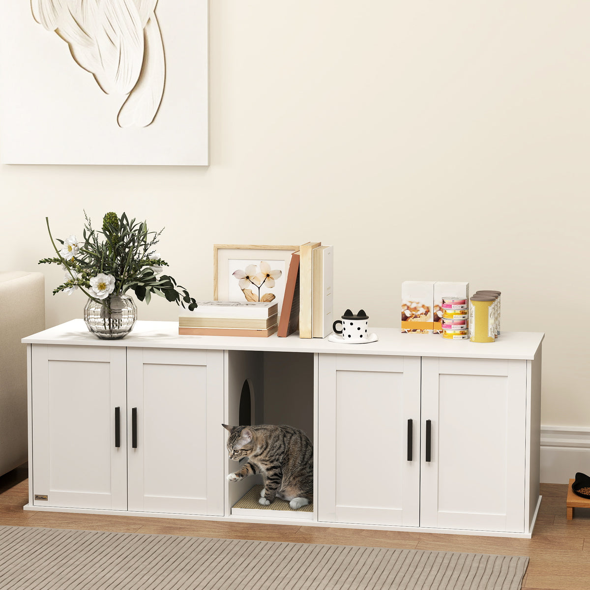 Cat Litter Box Enclosure with Double Room, Scratching Mat for 2 Cats, 57" x 19" x 20", White
