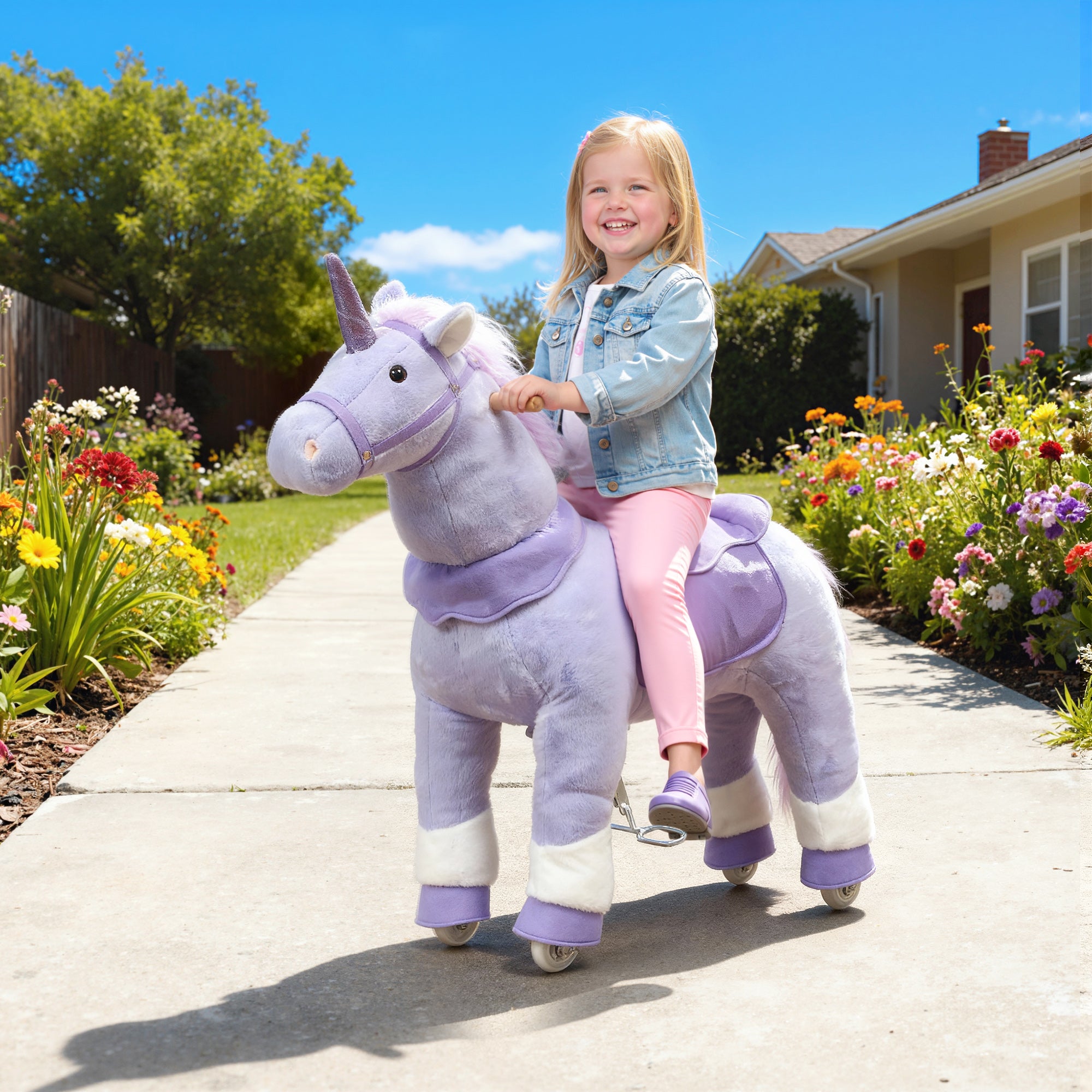 Ride on Unicorn Toy for Kids 4-7 Years, 37.8 Inch Plush Baby Rocking Horse with Wheels, No Battery Required, Purple
