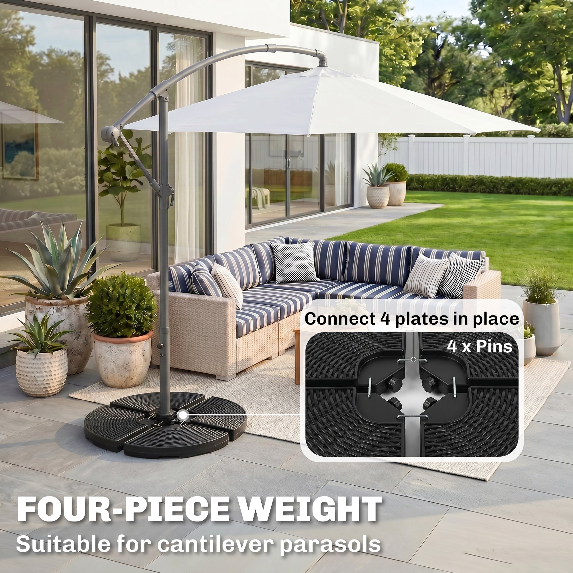 HDPE Material Patio Umbrella Base Weights Sand Filled up to 150 Lb. for Any Offset Umbrella Base | 4-Piece, Water or Sand Filled, All-Weather, Black (Round)