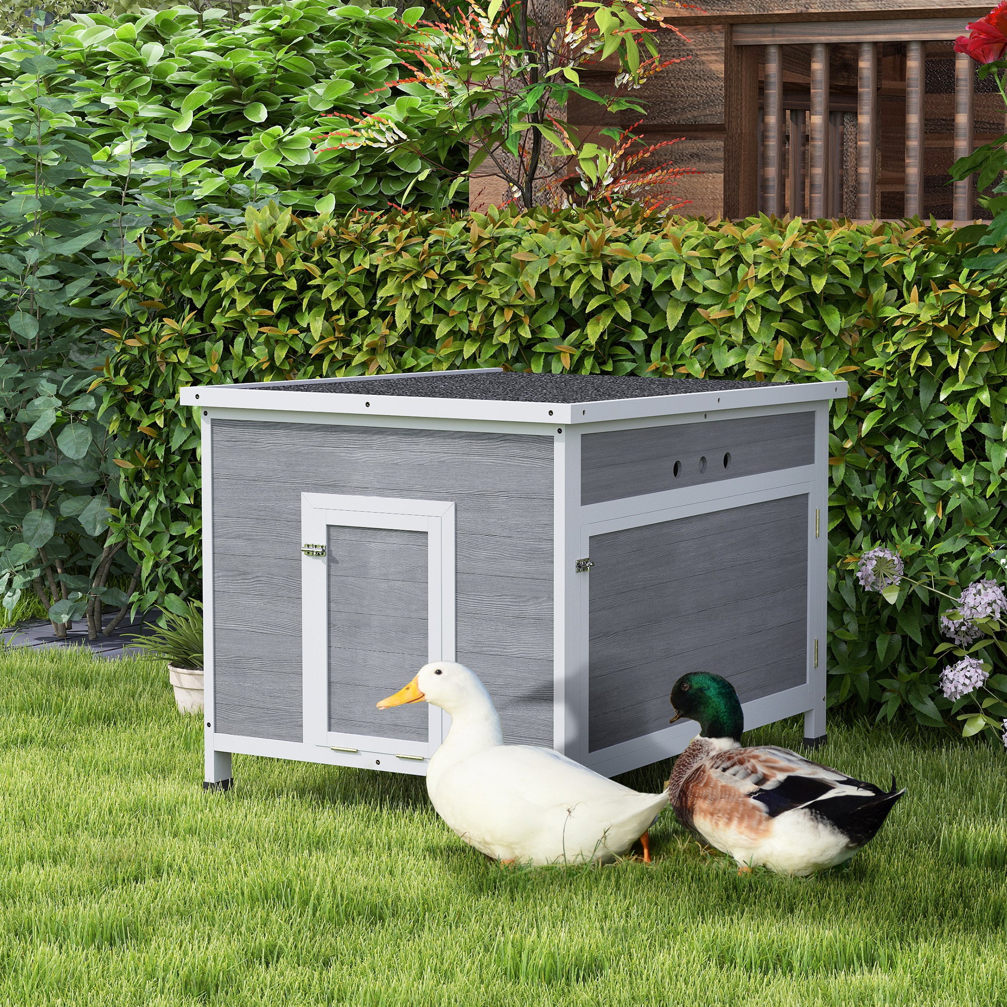 Wooden Duck Coop with Openable Roof, Removable Floor, Double Doors, Ramp, for 3-6 Ducks, Chickens, 30" x 38" x 30"