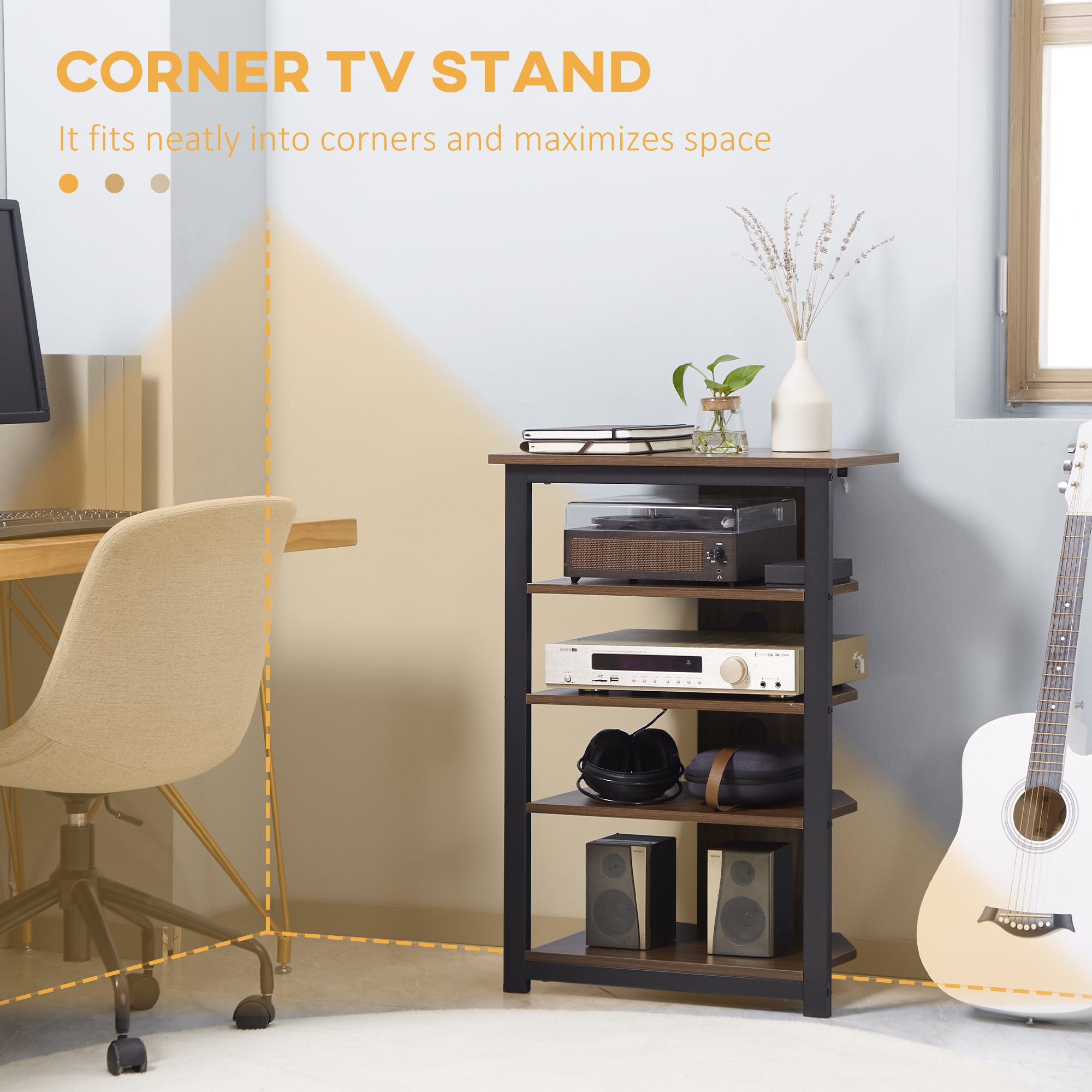 Media Stand with 4-Tier Audio Rack AV Media Corner Shelf with Cable Management for DVD Players Game Console TV Box Cable Box Xbox WiFi Router, Brown