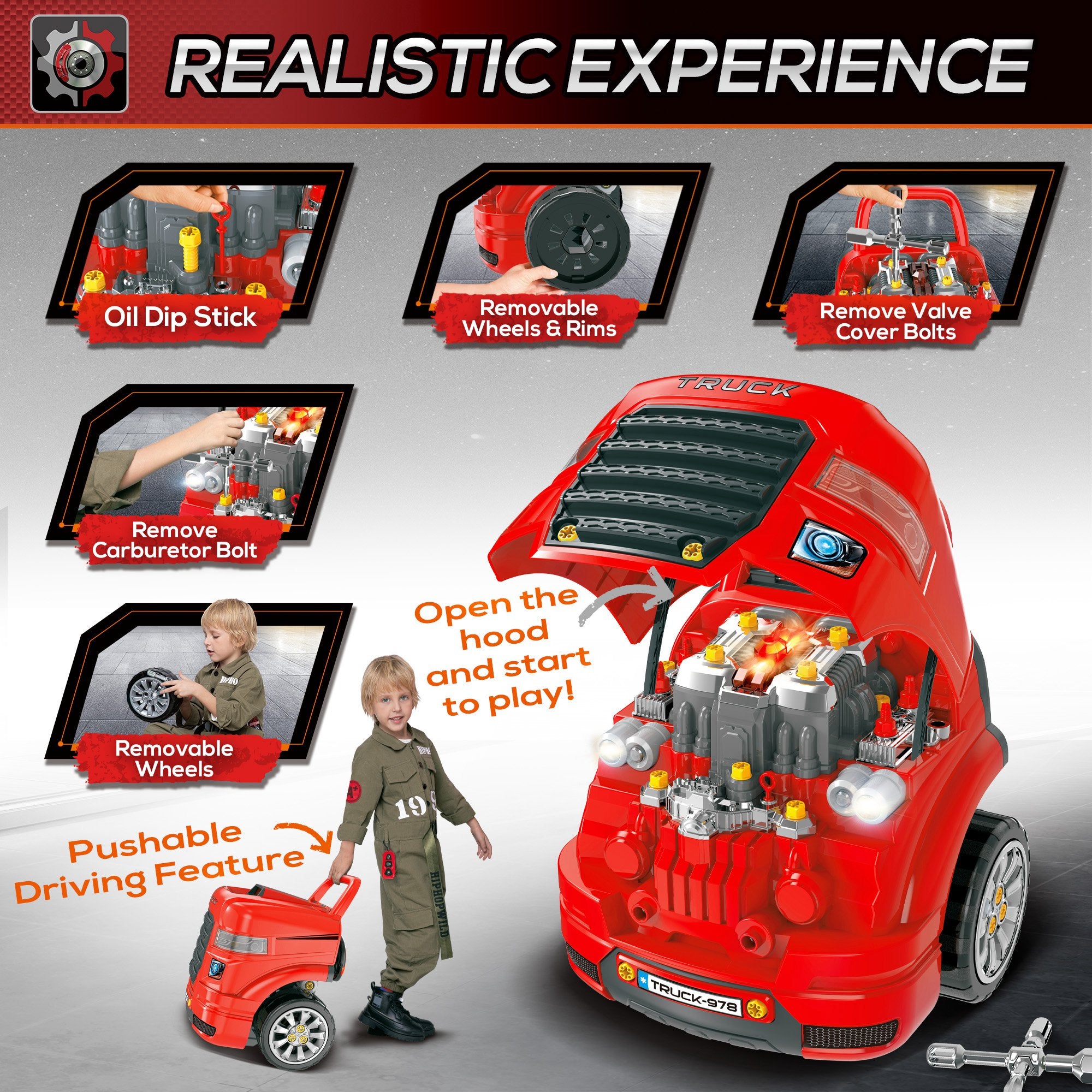 Mechanic Kids Truck Engine Toy Set, Car Service Play Set, Red