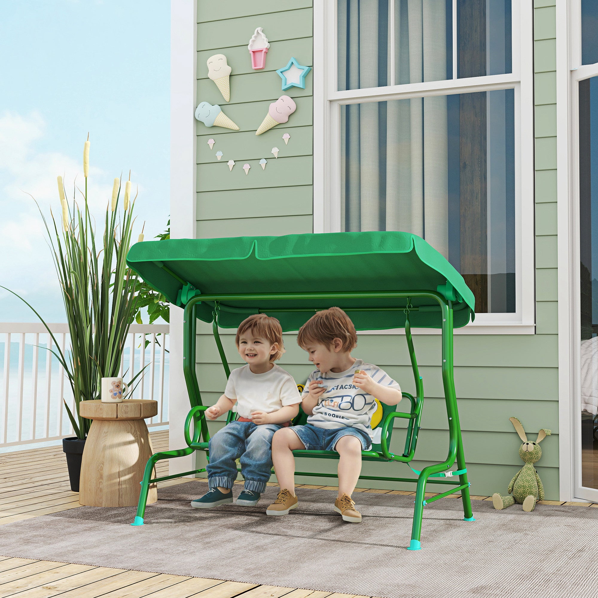 Kids Patio Swing Chair with Adjustable Canopy, Safety Belt for Patio, Garden, Poolside, Balcony, Dark Green