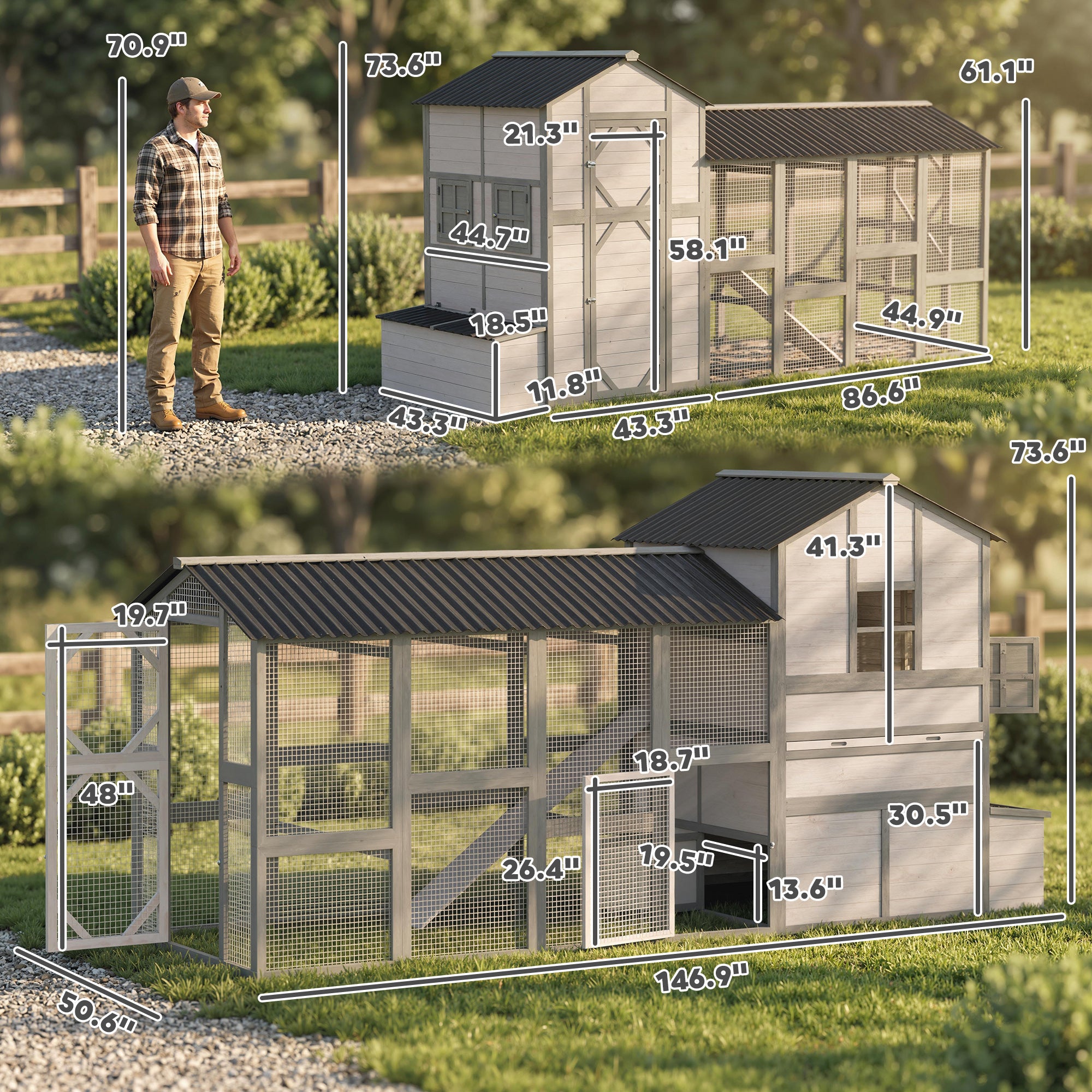 147" Extra Large Chicken Coop, Wooden Hen House for 8-10 Hens, Outdoor Chicken House Poultry Hutch with Run, Gray