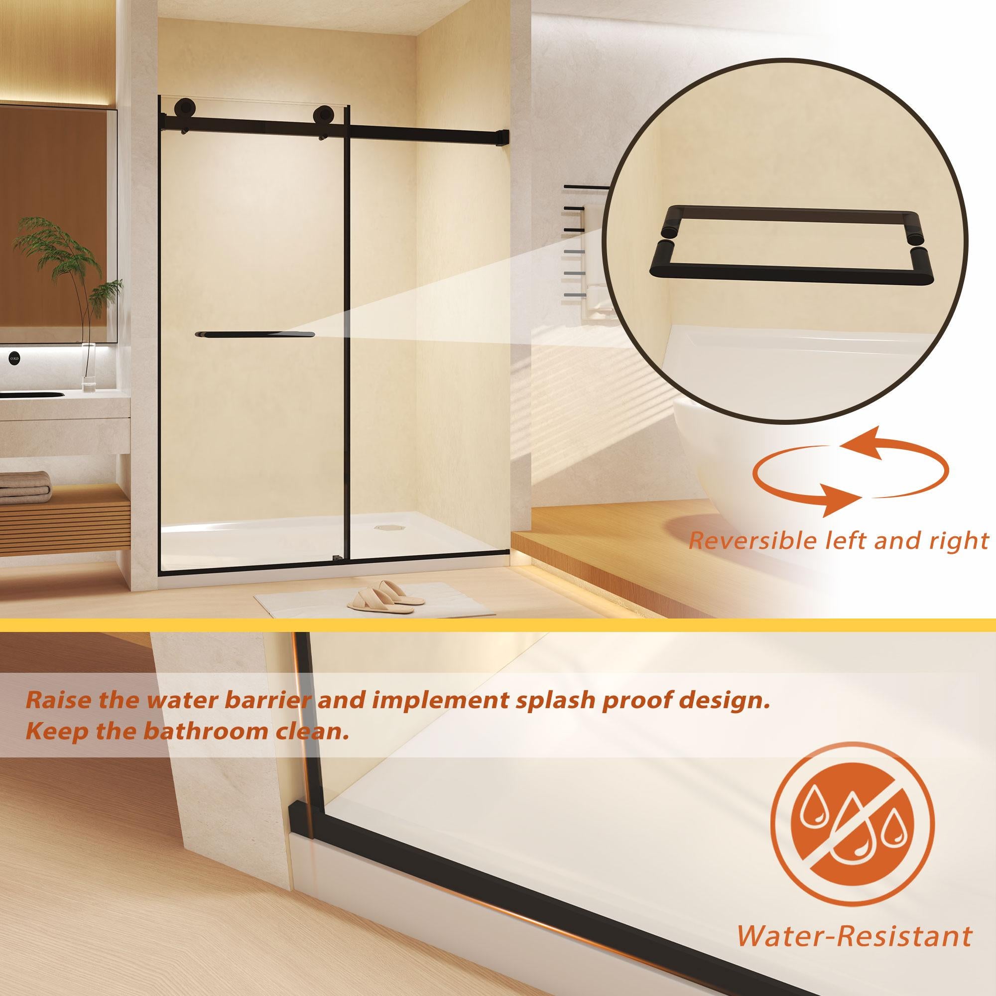 Frameless Double Sliding Shower Door with Silent Rollers, Bathroom Door with Square Tube Track, 60" L x 0.5" W x 74" H, Matte Black