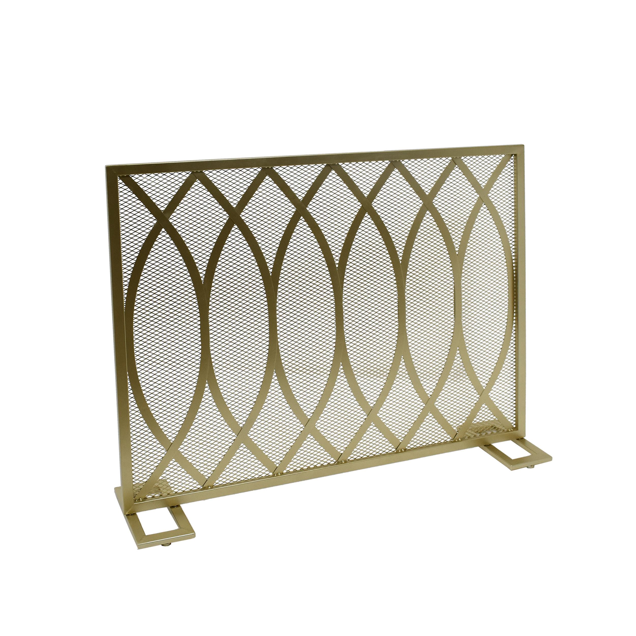 Modern Iron Fire Screen with Single Panel Design and Fine Mesh, Geometric Pattern, and Easy Assembly, 39.75" L x 8" W x 32.25" H, Gold