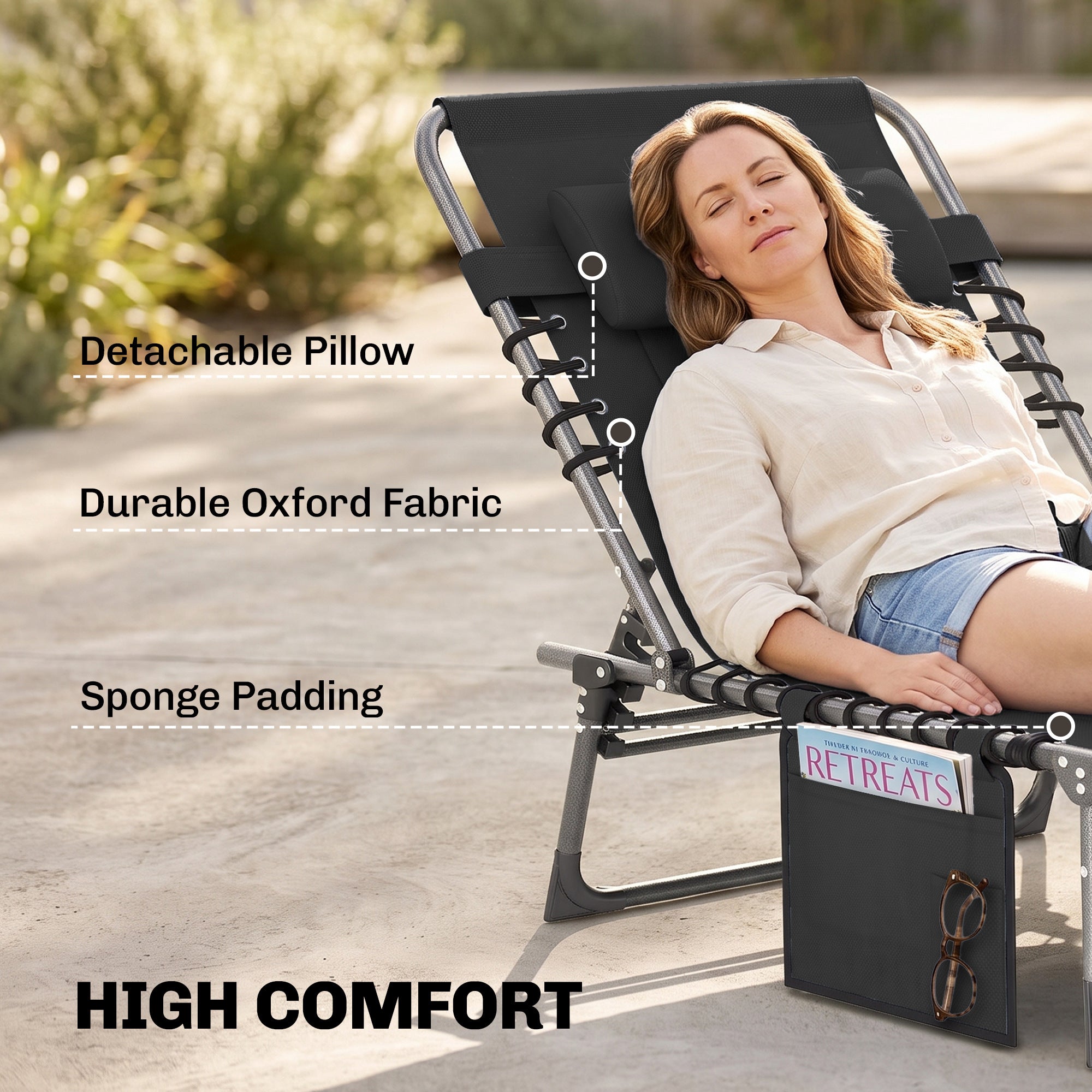 Padded Folding Chaise Lounge Chair, Outdoor 6-Level Reclining Camping Tanning Chair with Headrest for Beach, Yard, Patio, Pool, Black