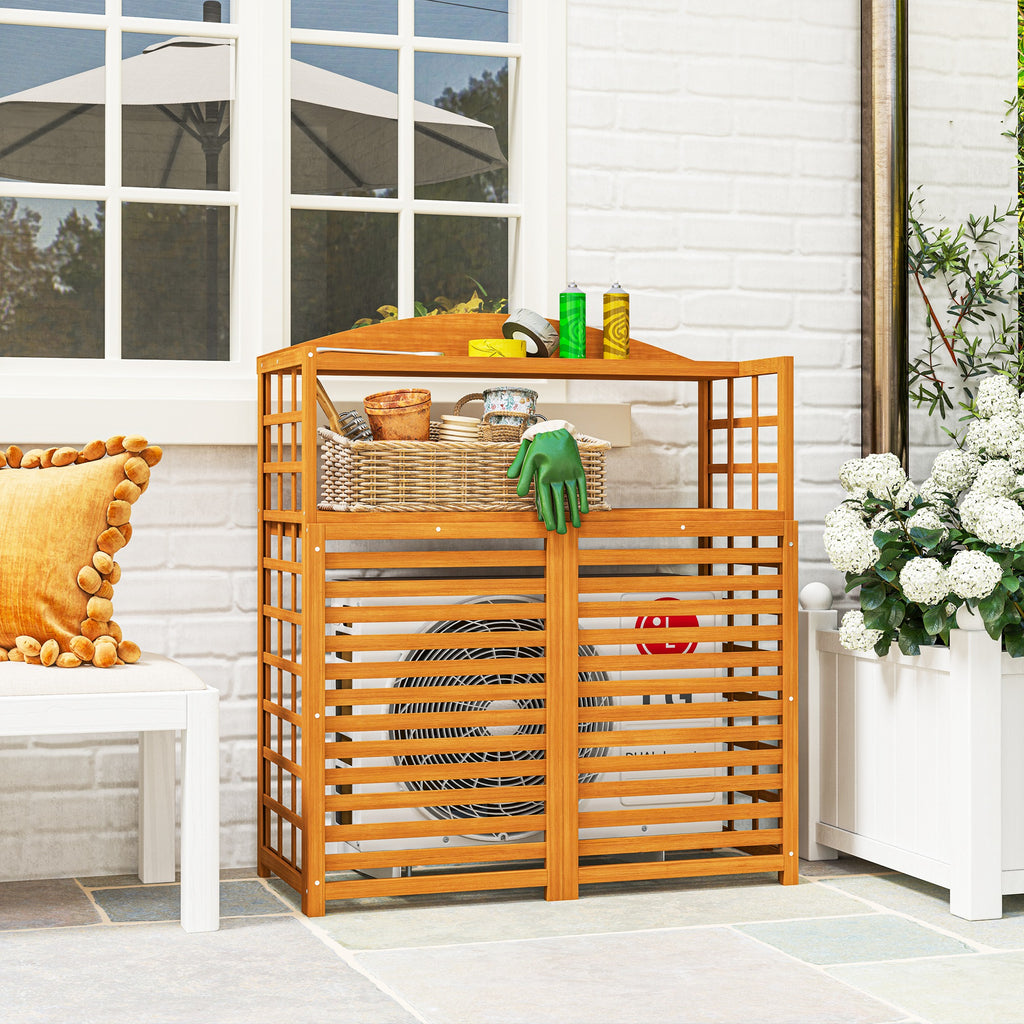 Outdoor Air Conditioner Fence Privacy Screen, Wood AC Fence Potting Table with Shelves for Patio, Light Brown