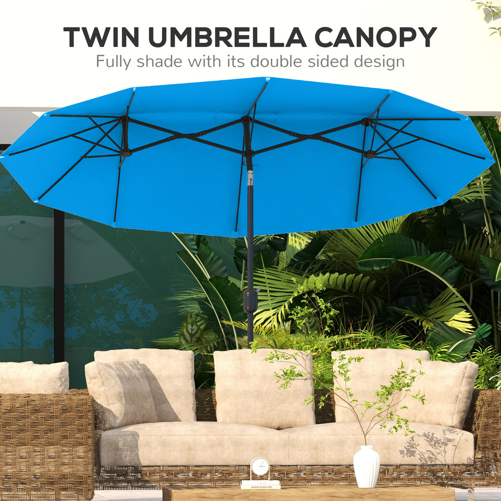 Double-sided Patio Umbrella, 9.5' Outdoor Umbrella with Push Button Tilt and Crank, 3 Air Vents and 12 Ribs, Cyan Blue