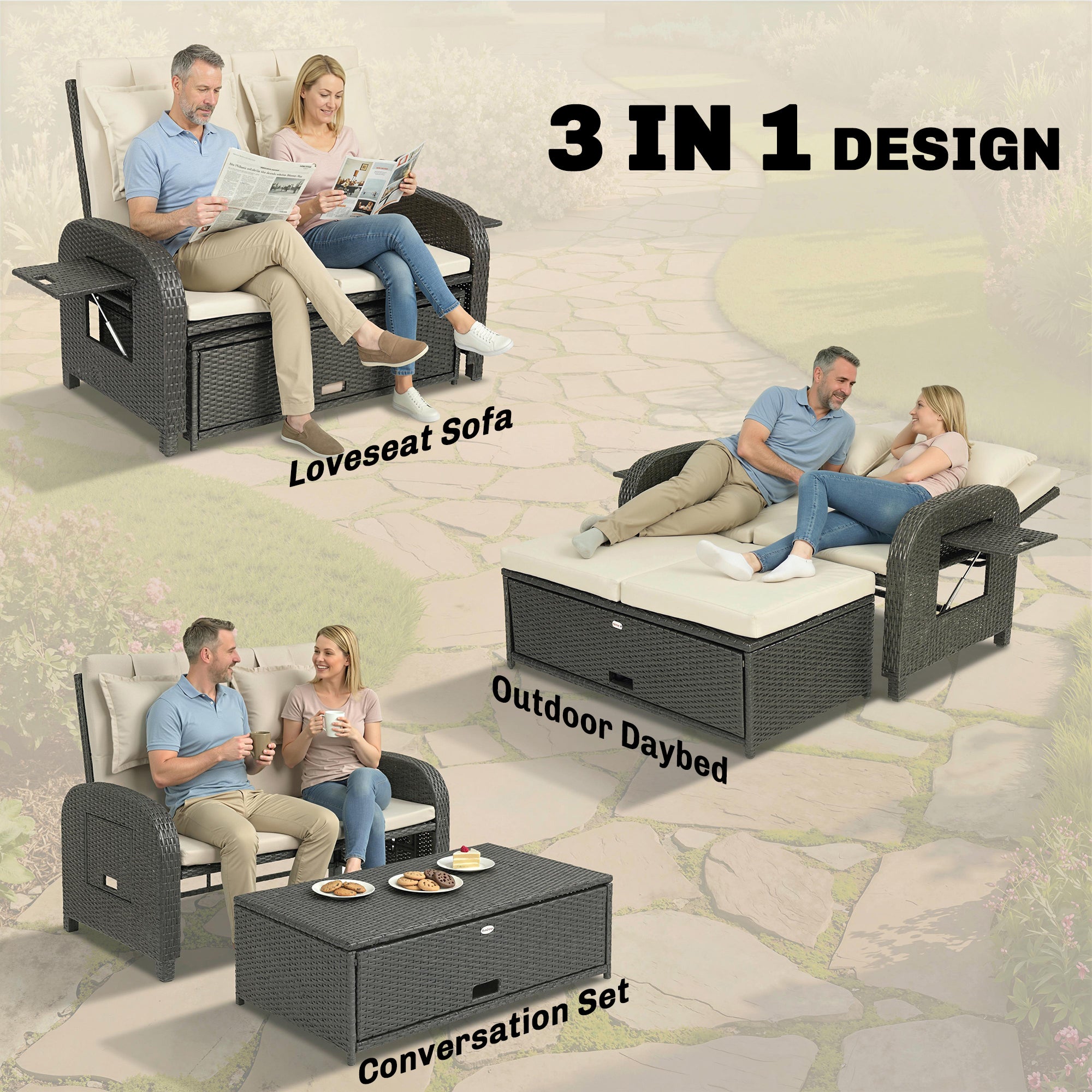 Patio Rattan Daybed, Wicker Outdoor Daybed with Storage Ottoman, Loveseat w/ Adjustable Backrest, Beige