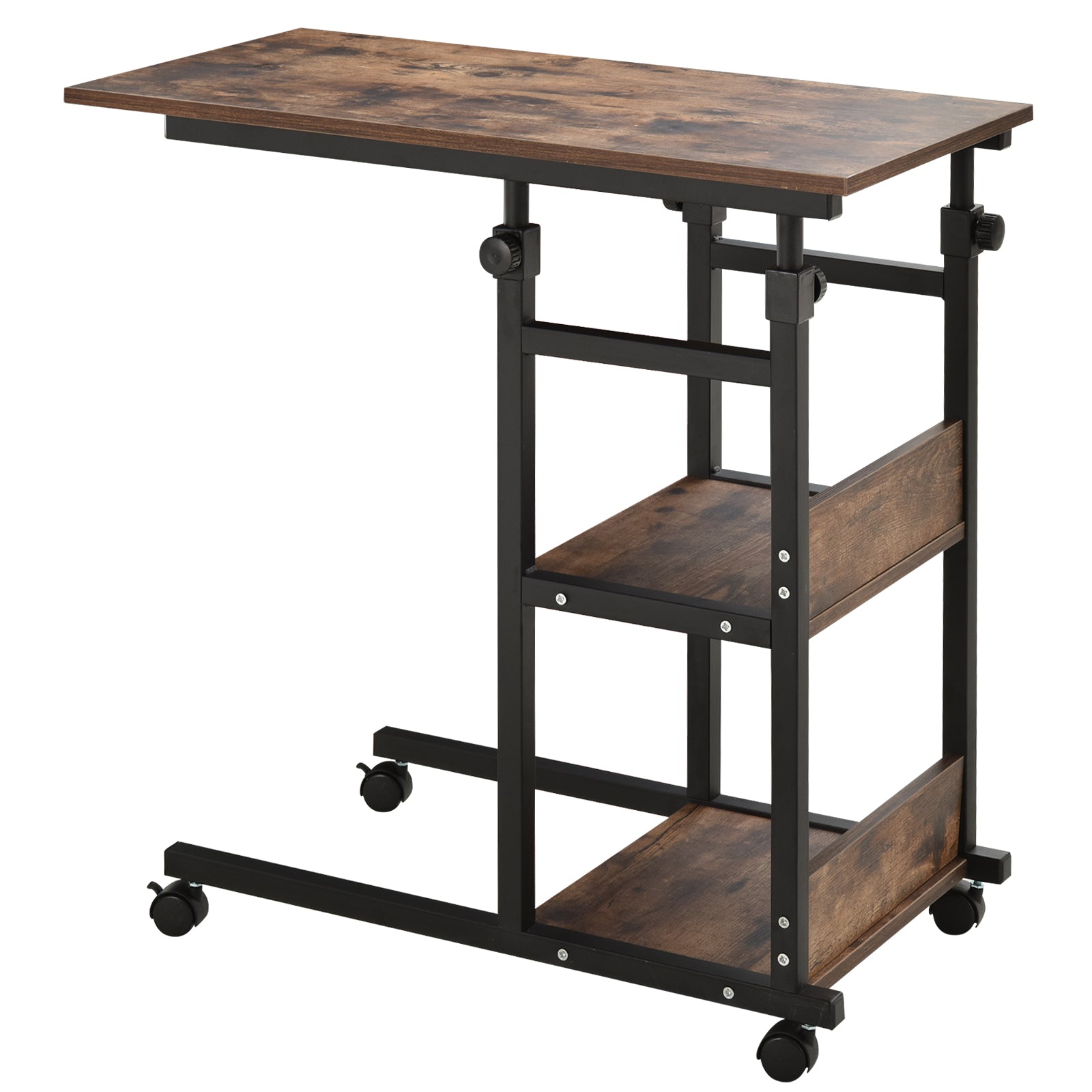 Industrial C-Shaped Mobile Rolling Sofa Side Table with 3-Tier Storage Shelving, Adjustable Height, & Wheels