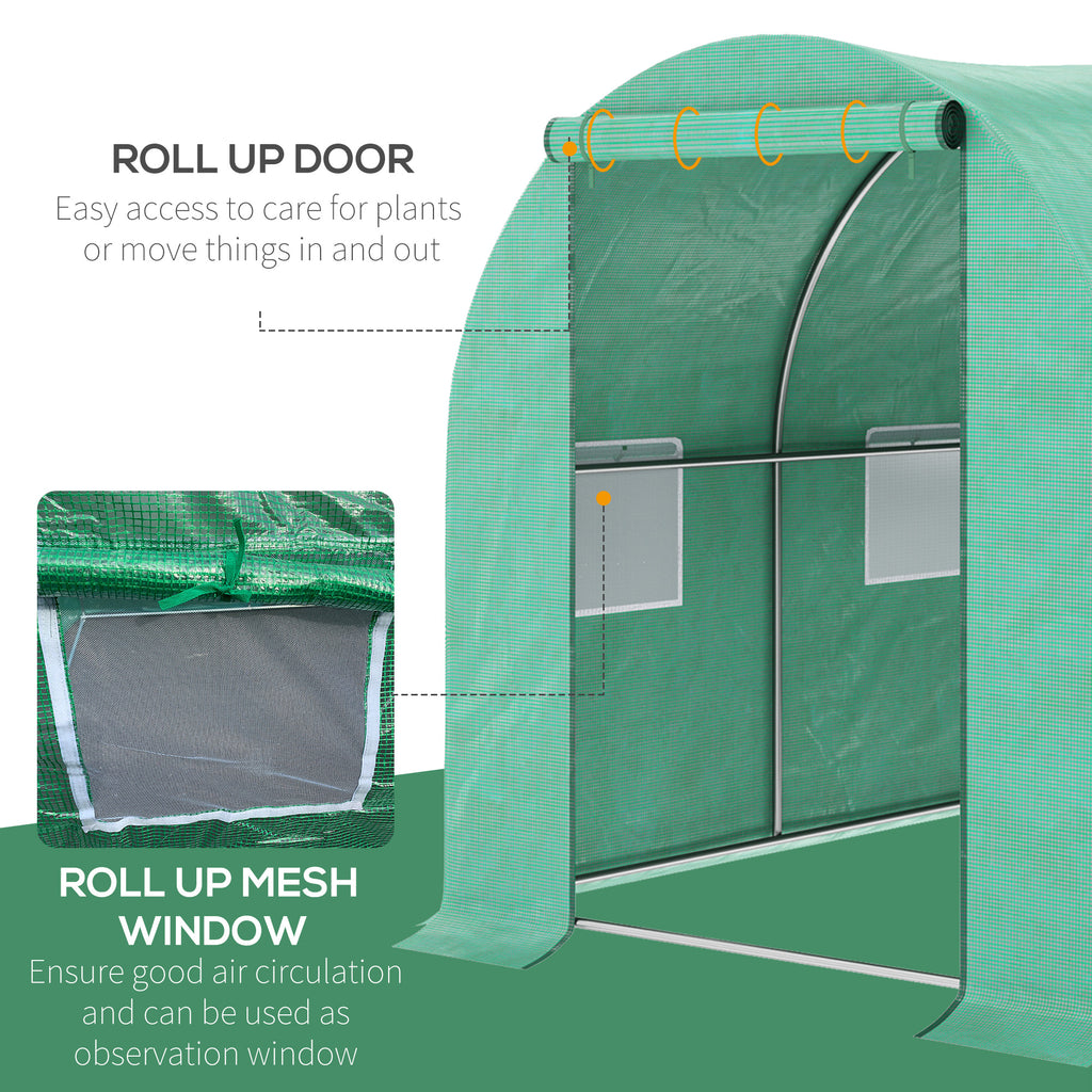 15' x 7' x 6.5' Walk-in Tunnel Hoop Greenhouse, Green House for Outside with PE Cover, Steel Frame, Roll-Up Zipper Door & Windows for Flowers, Vegetables, Tropical Plants, Green