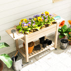 Wood Raised Planter Box, Elevated Garden Bed with Lockable Wheels, Side Tables, Bottom Shelf, Drain Holes, Natural