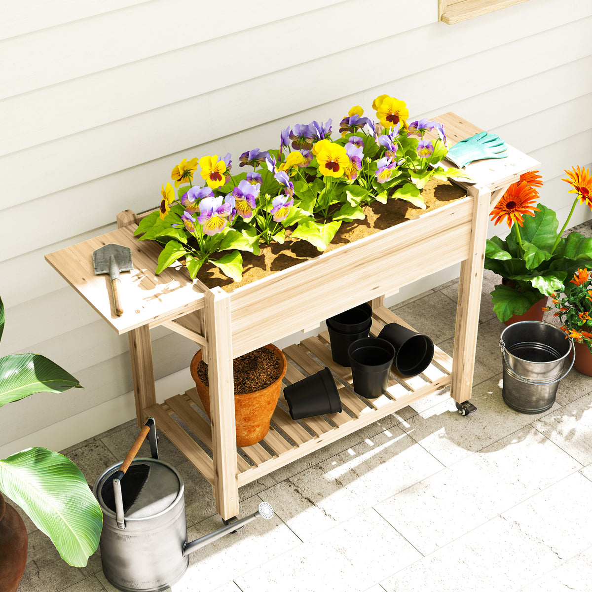 Wood Raised Planter Box, Elevated Garden Bed with Lockable Wheels, Side Tables, Bottom Shelf, Drain Holes, Natural