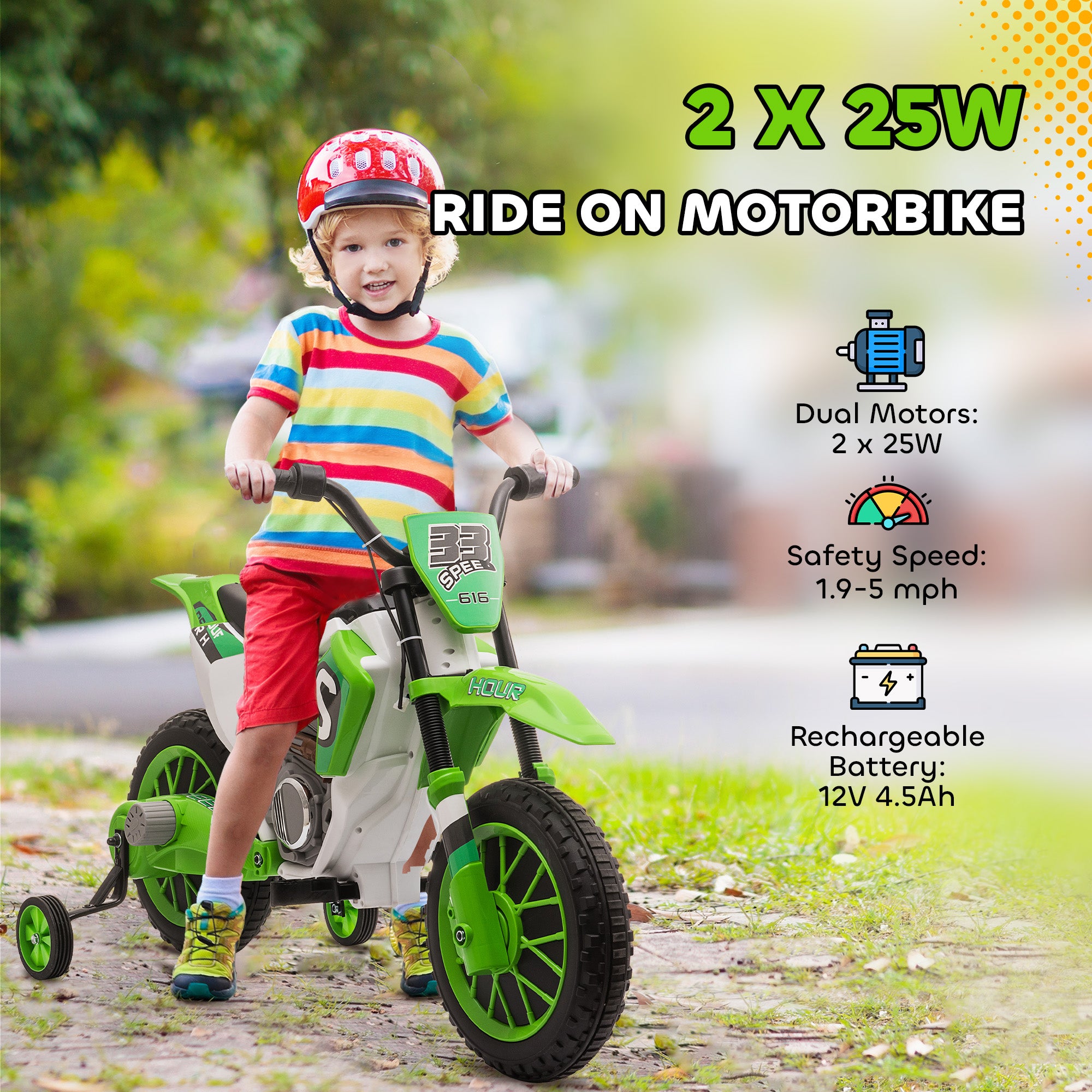 12V Kids Motorcycle w/ Treaded Tires, 5mph Top Speed Electric Bike for Kids, Ride On Motorcycle w/ Training Wheels, Battery Charger, Spring Suspension, Green