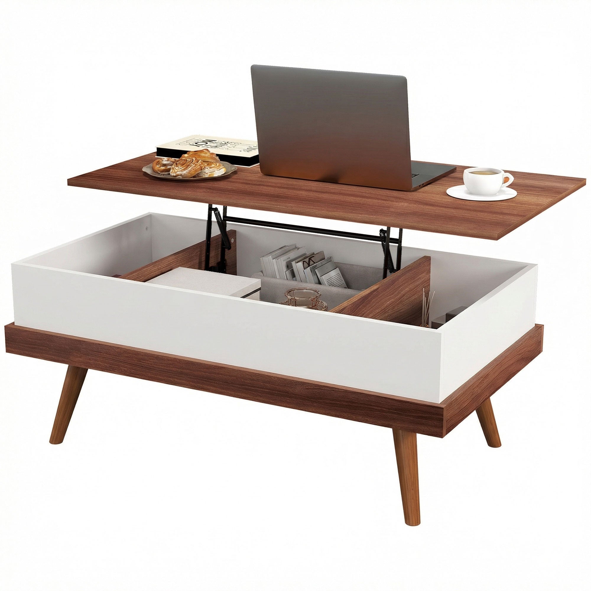 Lift Top Coffee Table with Hidden Compartments and Wood Legs, Walnut