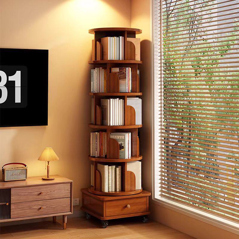 6-Tier Rotating Bookshelf with Wheels, 360° Display Corner Bookcase, Wood Organizer for Study Room, 18″ L x 18″ W x 69″ H, Walnut Brown
