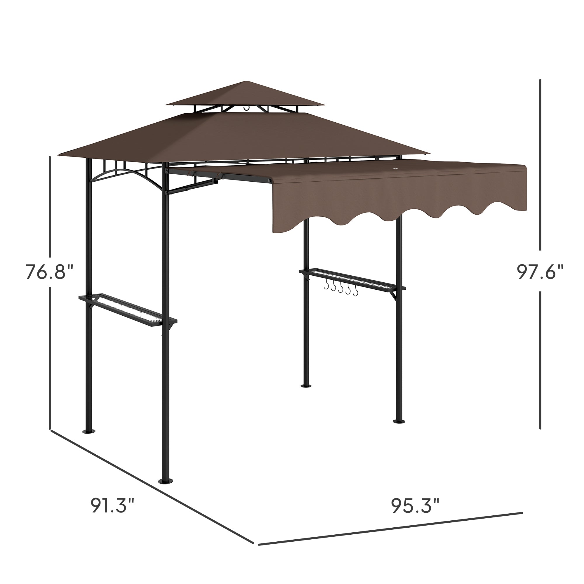 8' x 7.6' Outdoor Grill Gazebo, Barbecue Gazebo Shelter with Side Awning, 2 Side Shelves and 6 Hooks, Brown