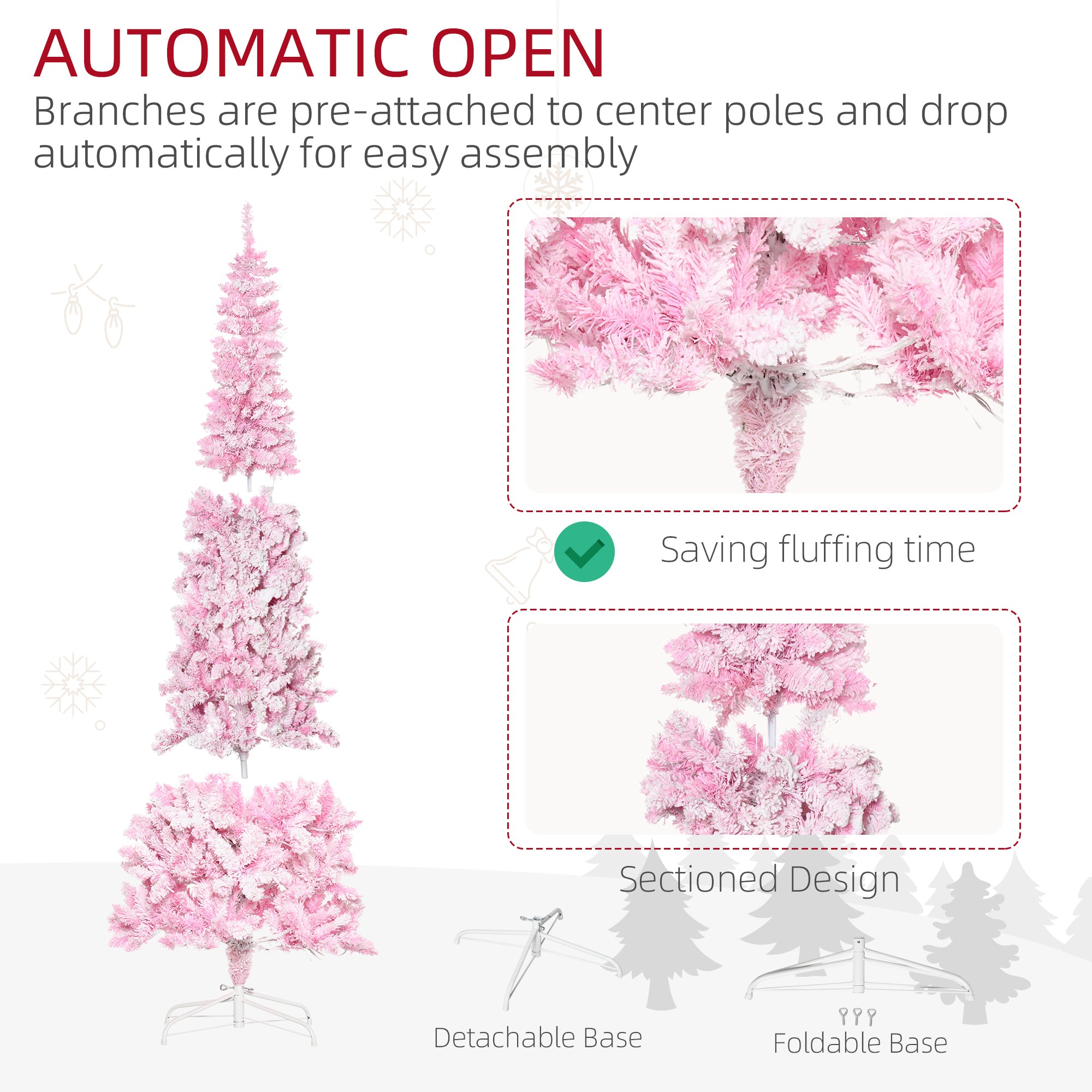 7.5ft Prelit Snow Flocked Artificial Christmas Tree with Pencil Shape, Pine Realistic Branches, Warm White LED lights, Auto Open, Pink and White