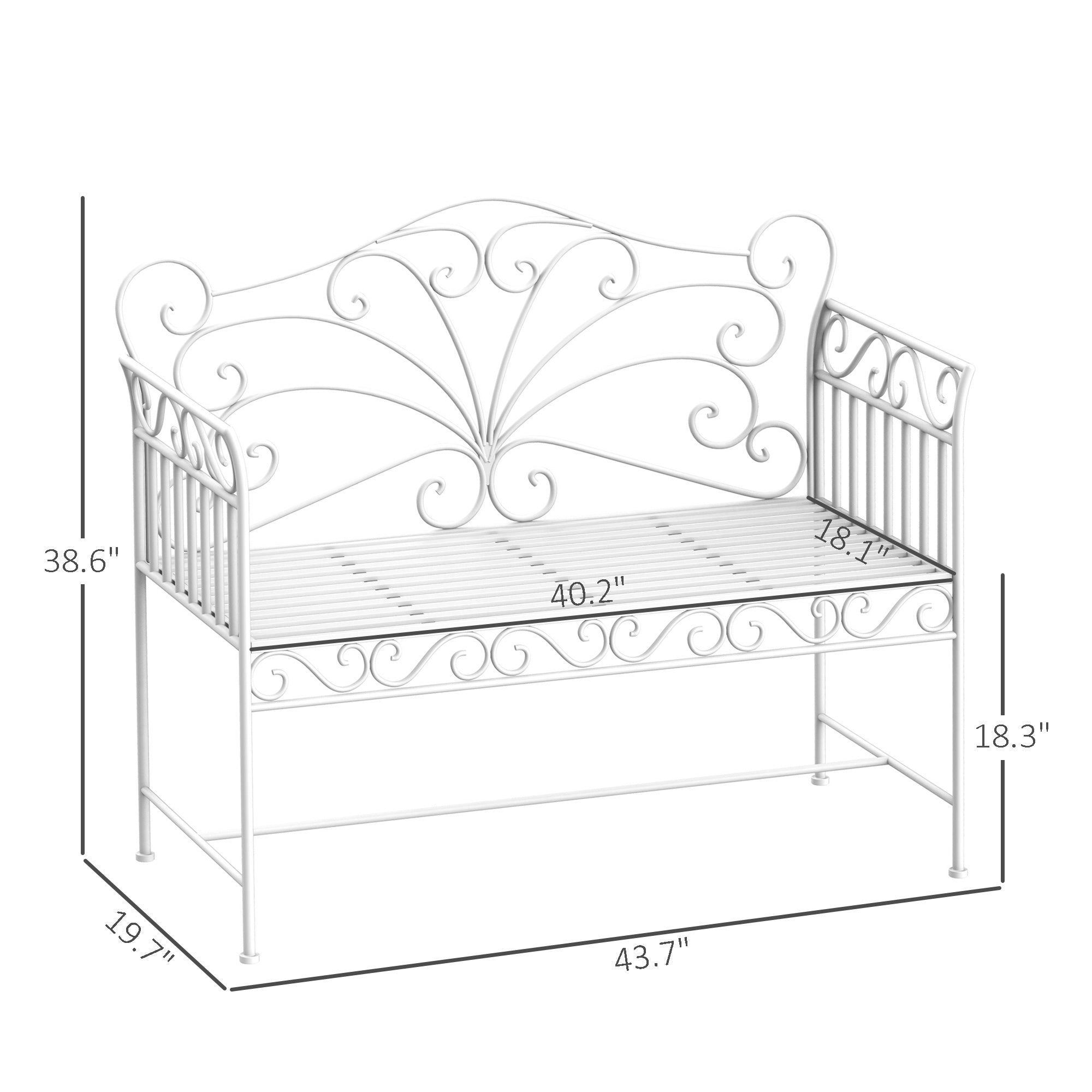 43" Garden Bench, Outdoor Patio Bench with Armrests, Metal Porch Bench for Backyard, Poolside, Lawn, Cream White