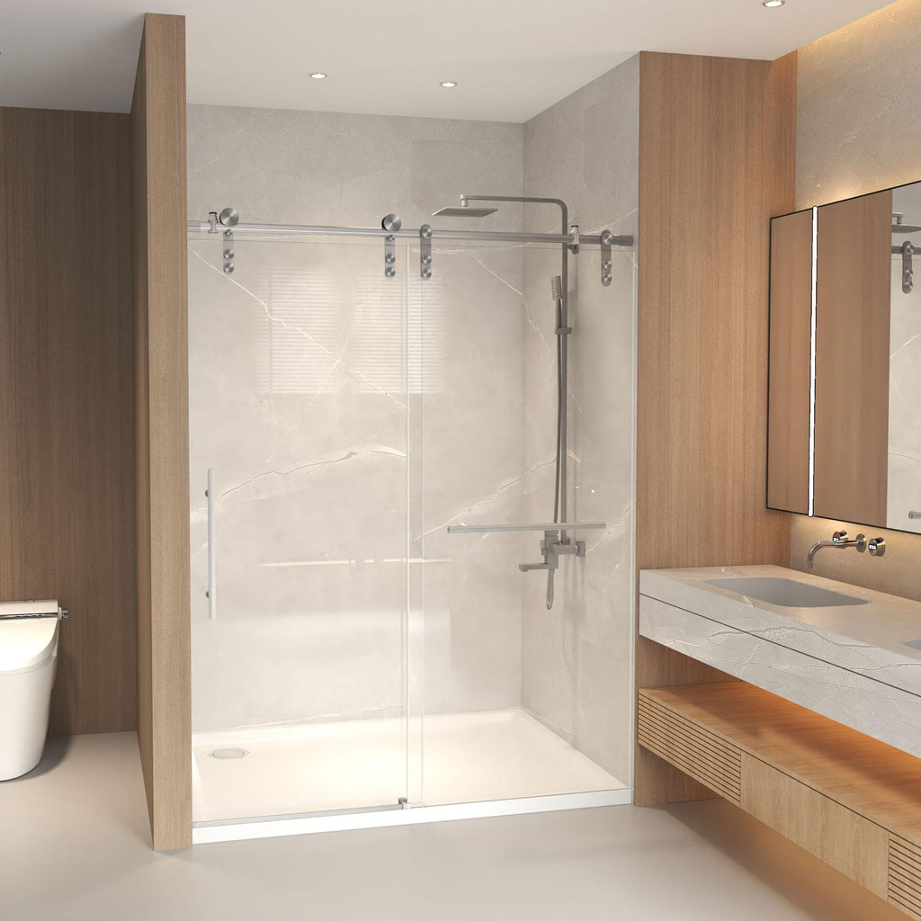 Sliding Shower Door with Waterproof Seals and Tempered Glass, Bathroom Door with Towel Bar Handle, 48" L x 0.5" W x 76" H, Brushed Nickel