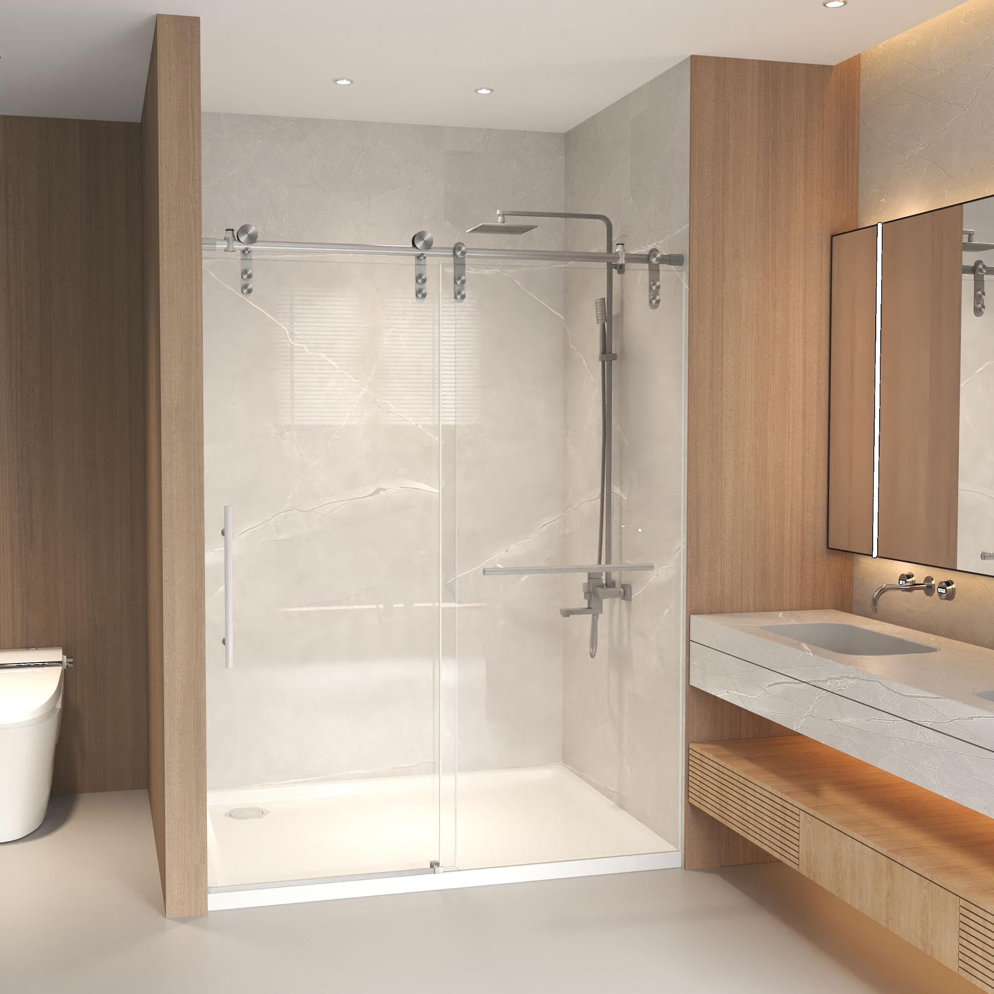 Sliding Shower Door with Waterproof Seals and Tempered Glass, Bathroom Door with Towel Bar Handle, 48" L x 0.5" W x 76" H, Brushed Nickel