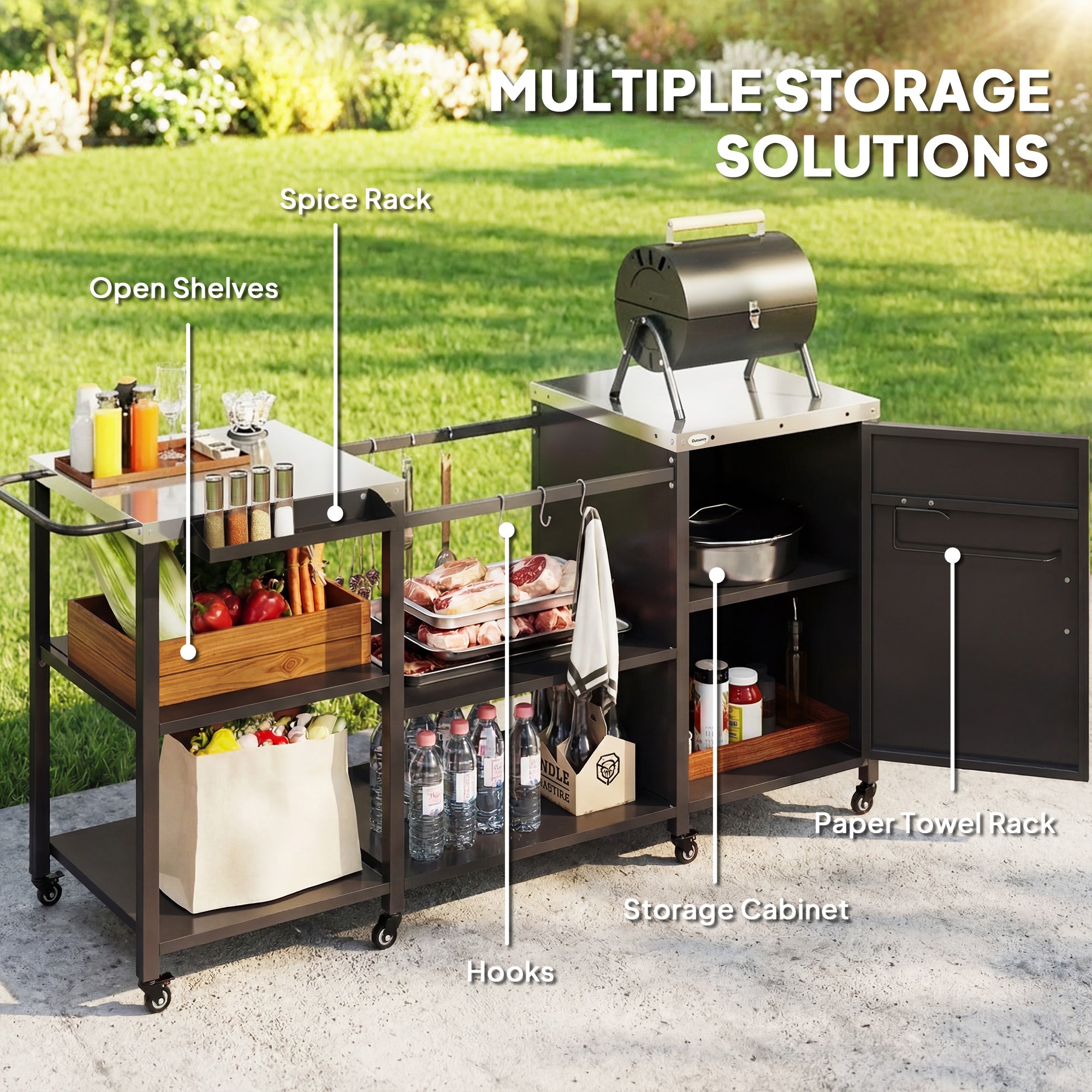 Grill Table for Big Green Egg Grill, Heavy Duty Metal BBQ Prep Table with Stainless Steel Top and Storage Cabinet, Black