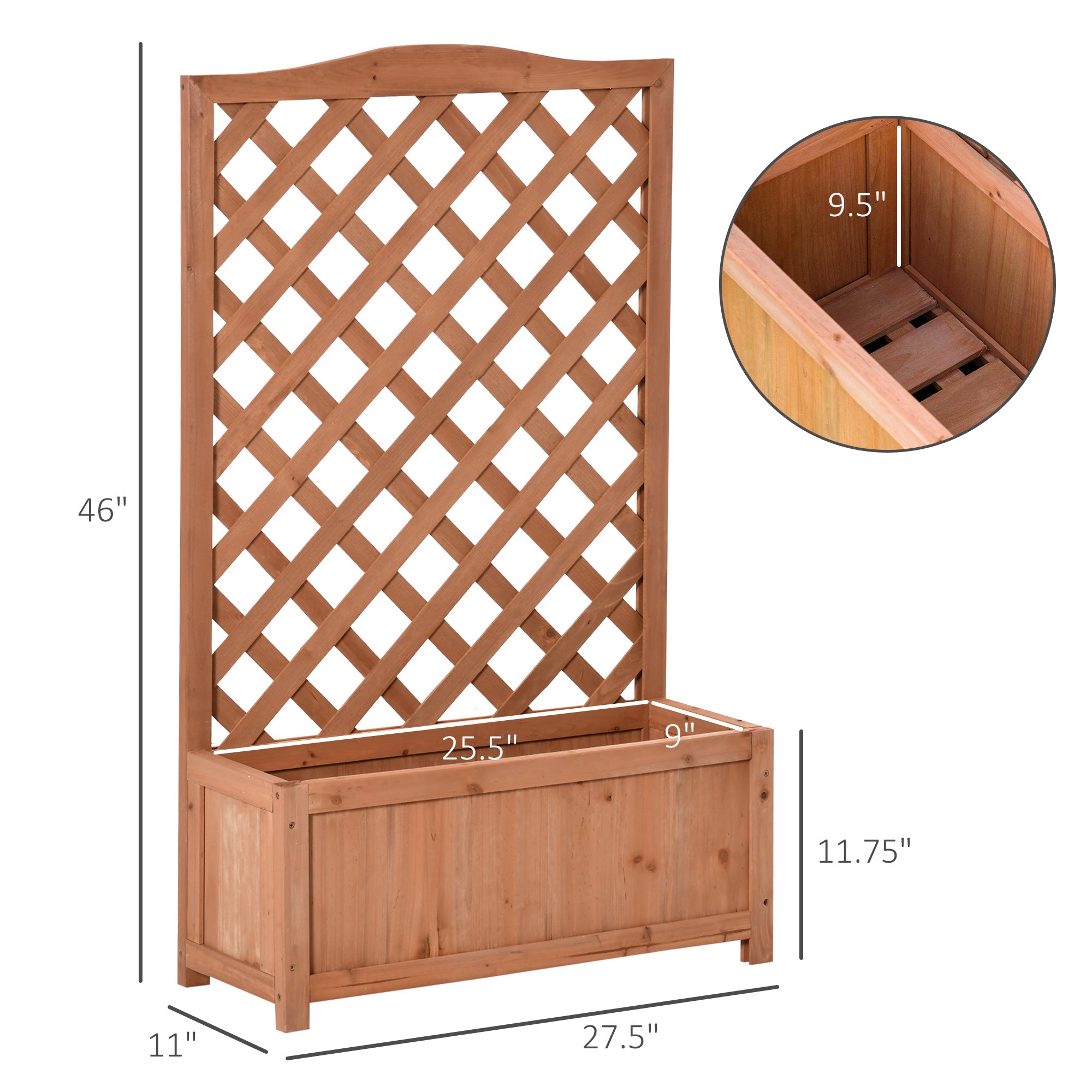 28" x 11" x 46" Raised Garden Bed, Wooden Planter Box w/ Trellis, Brown