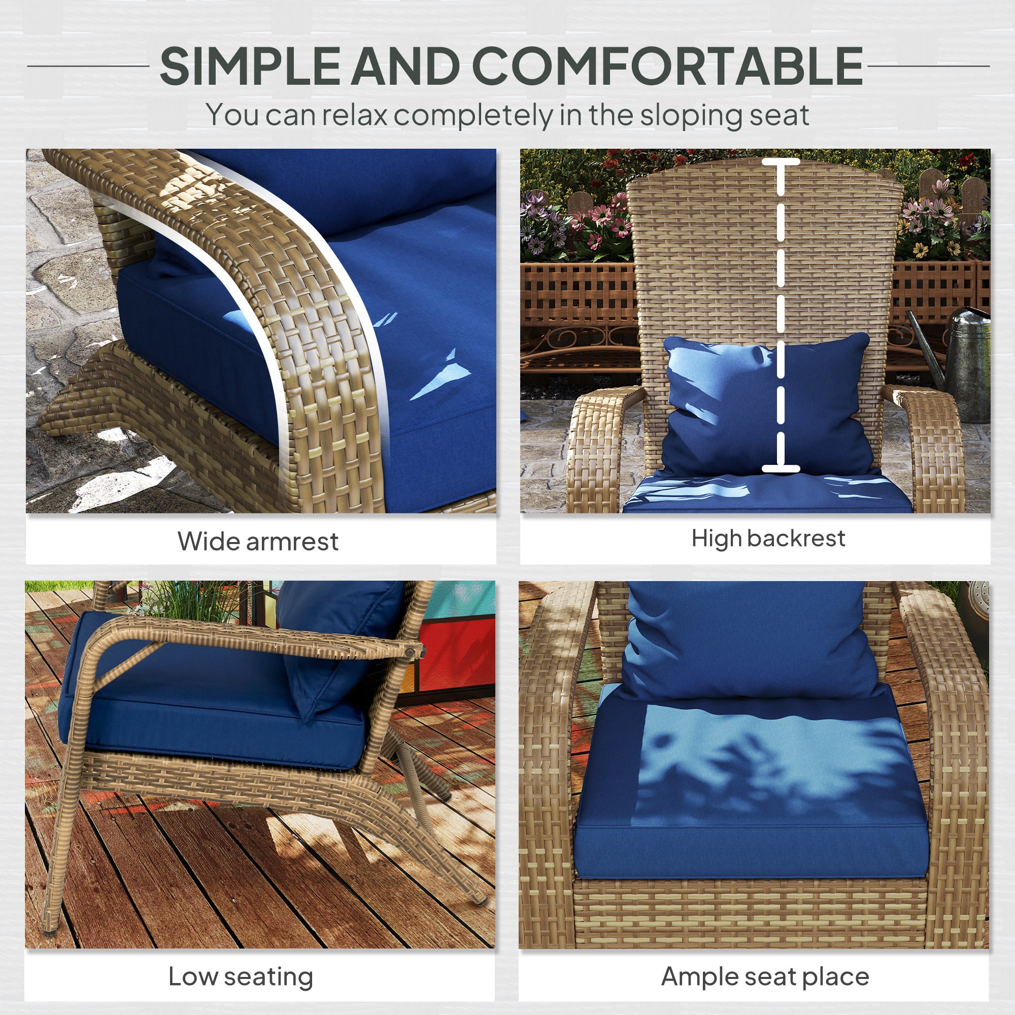 Patio Adirondack Chair with Rattan Wicker, Soft Cushions, Tall Curved Backrest for Deck or Garden, Dark Blue