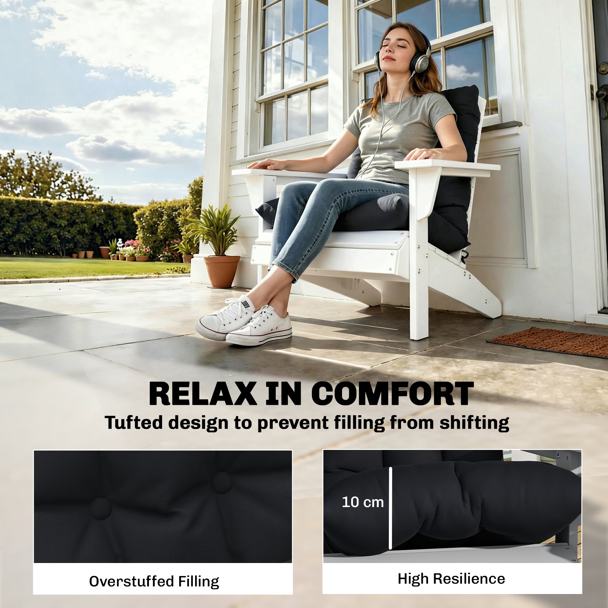 Outdoor Adirondack Chair Cushions Set of 2, Tufted High Back Patio Chair Cushions, Black