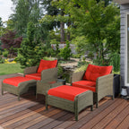 5 Pieces Rattan Wicker Lounge Chair Outdoor Patio Conversation Set w/ Cushioned Chairs, Ottomans and Tempered Glass Top