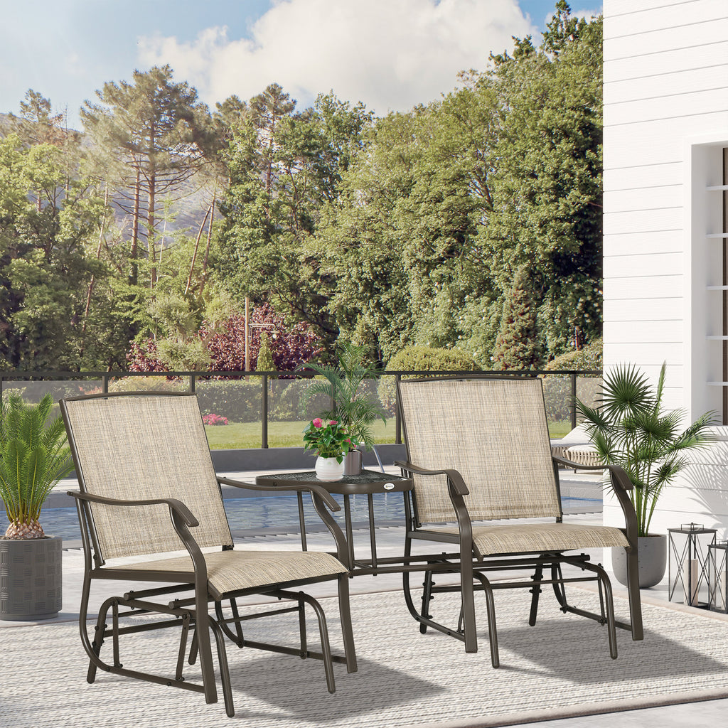 Outdoor Glider Chairs with Coffee Table, Patio 2-Seat Rocking Chair Swing Loveseat with Breathable Sling for Backyard, Garden, and Porch, Light Brown