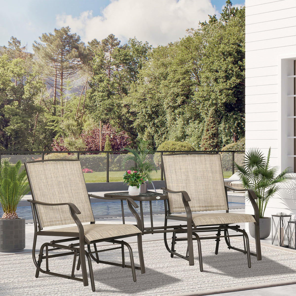 Outdoor Glider Chairs with Coffee Table, Patio 2-Seat Rocking Chair Swing Loveseat with Breathable Sling for Backyard, Garden, and Porch, Light Brown