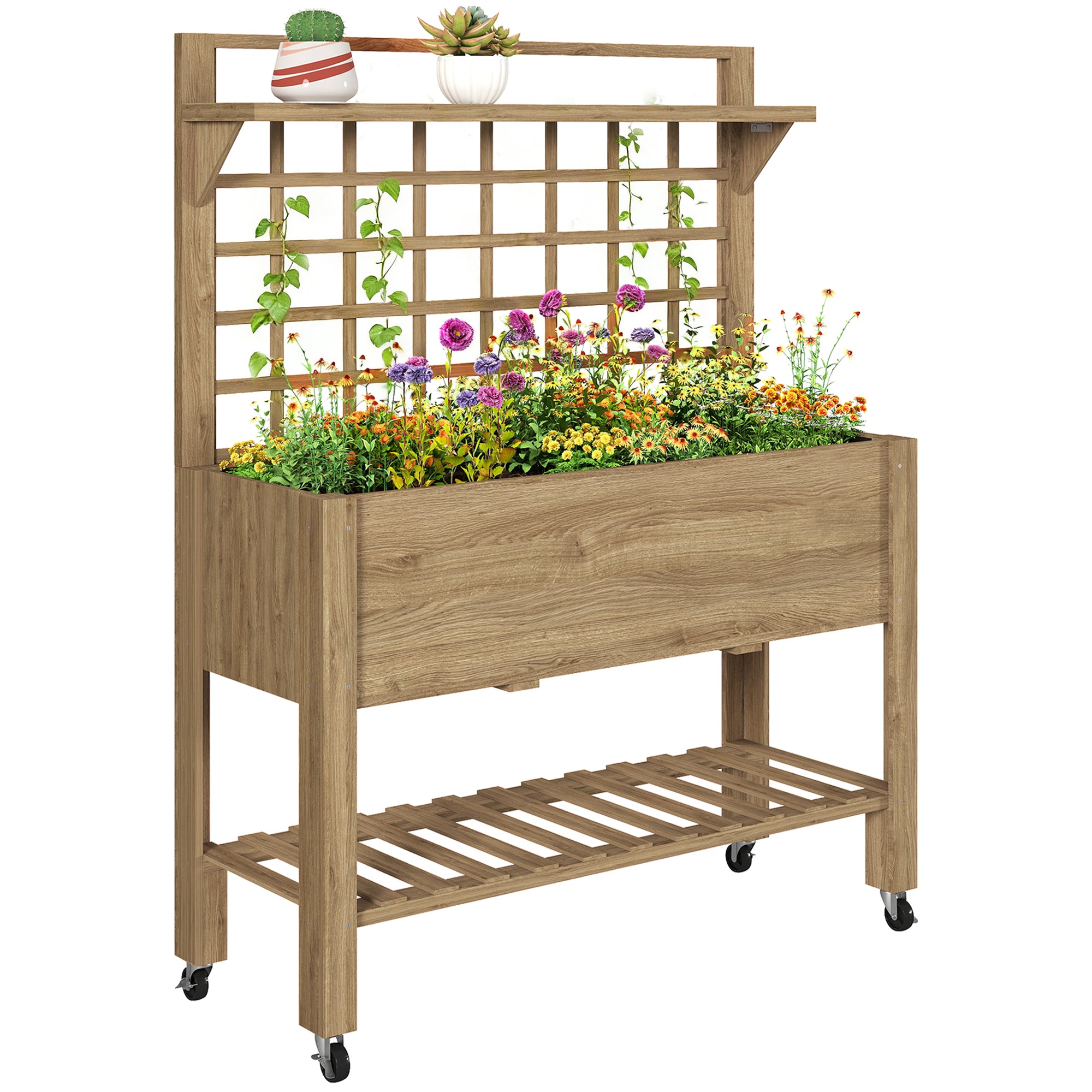 41" Raised Garden Bed Mobile Elevated Wooden Planter Box Stand with Wheels, Trellis and Storage Shelf, Dark Brown