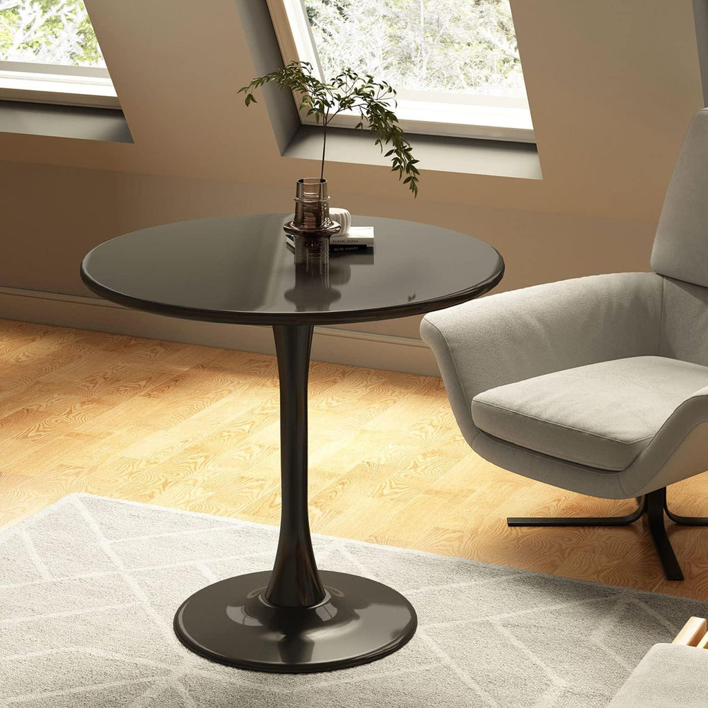 Modern Round Dining Table with Strong Metal Base, Kitchen Dining Room Furniture, Easy to Assemble and Clean, 31.5″ L x 31.5″ W x 29″ H, Black
