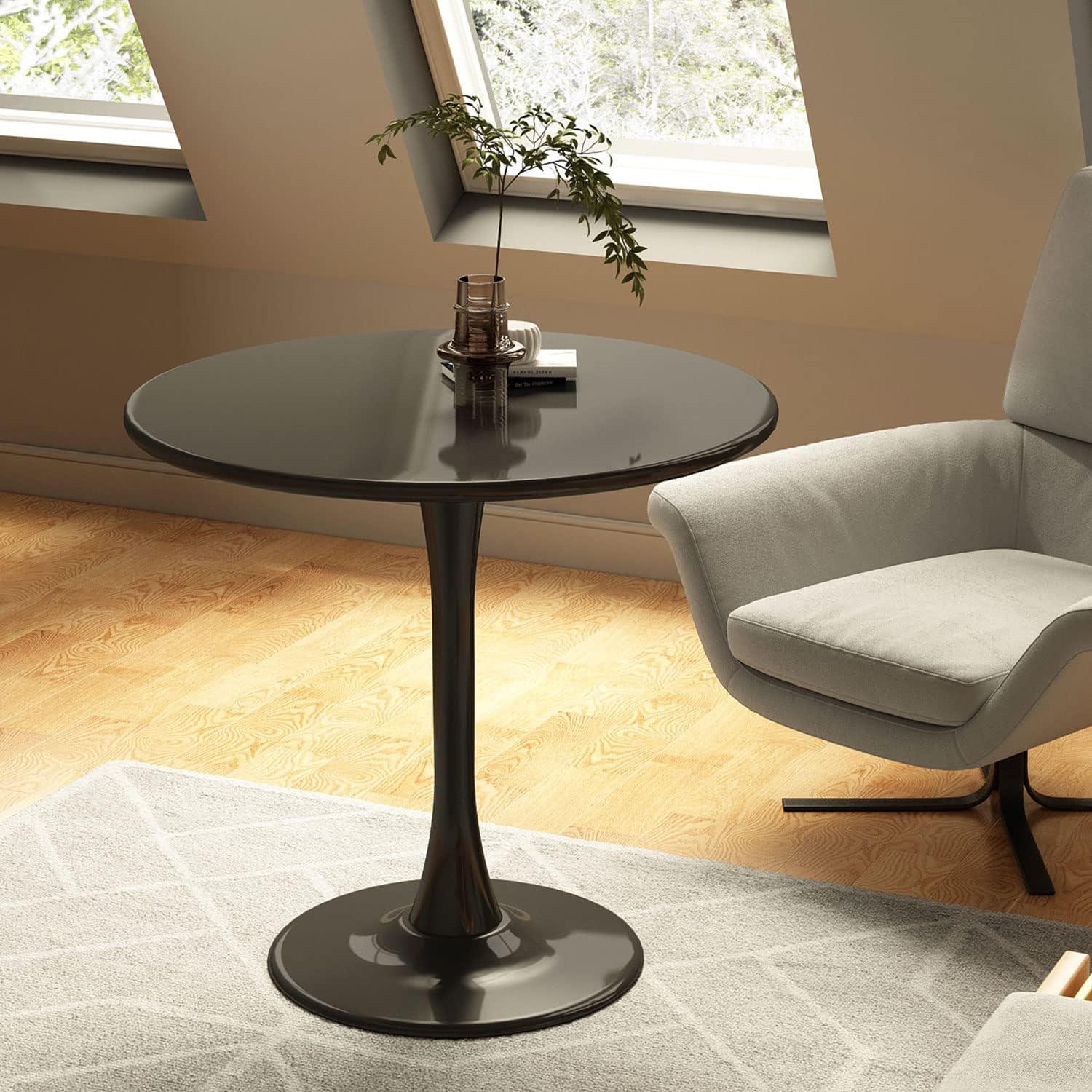 Modern Round Dining Table with Strong Metal Base, Kitchen Dining Room Furniture, Easy to Assemble and Clean, 31.5″ L x 31.5″ W x 29″ H, Black